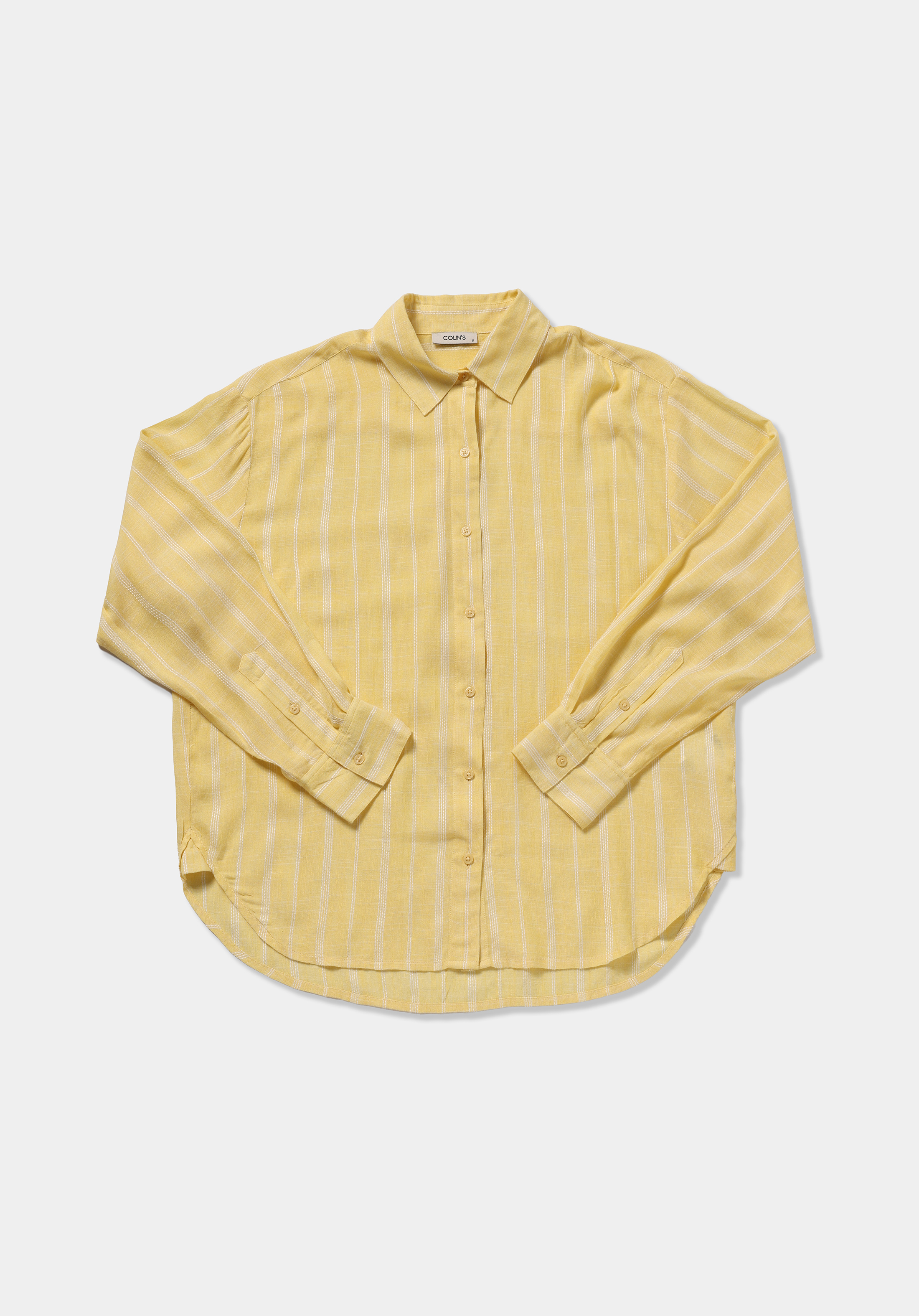 Boyfriend Fit Shirt Neck Çizgili Kadın Sari Uzun Kol Gömlek