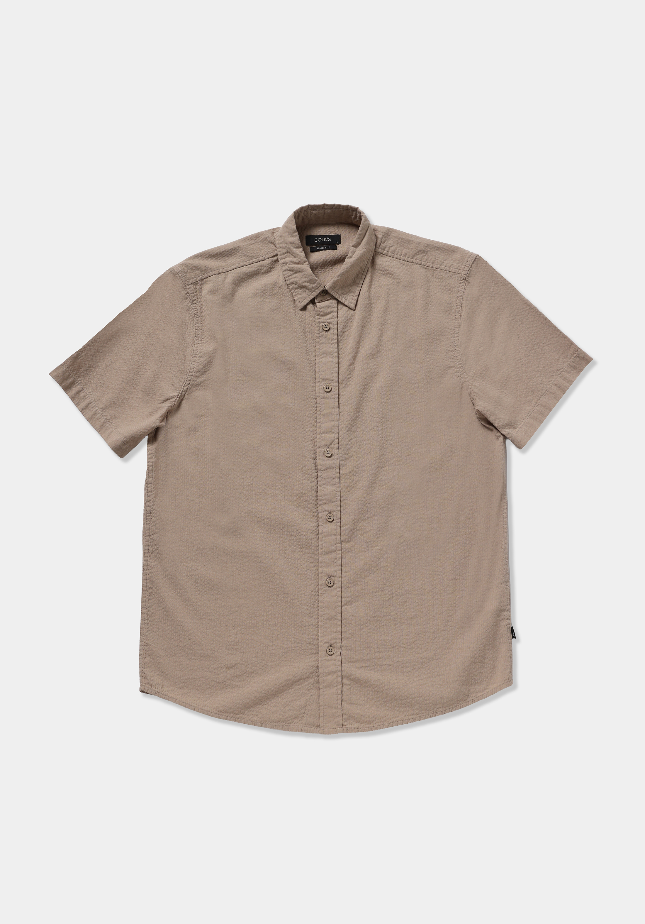 Regular Fit Shirt Neck Düz Erkek Bej Kısa Kol Gömlek