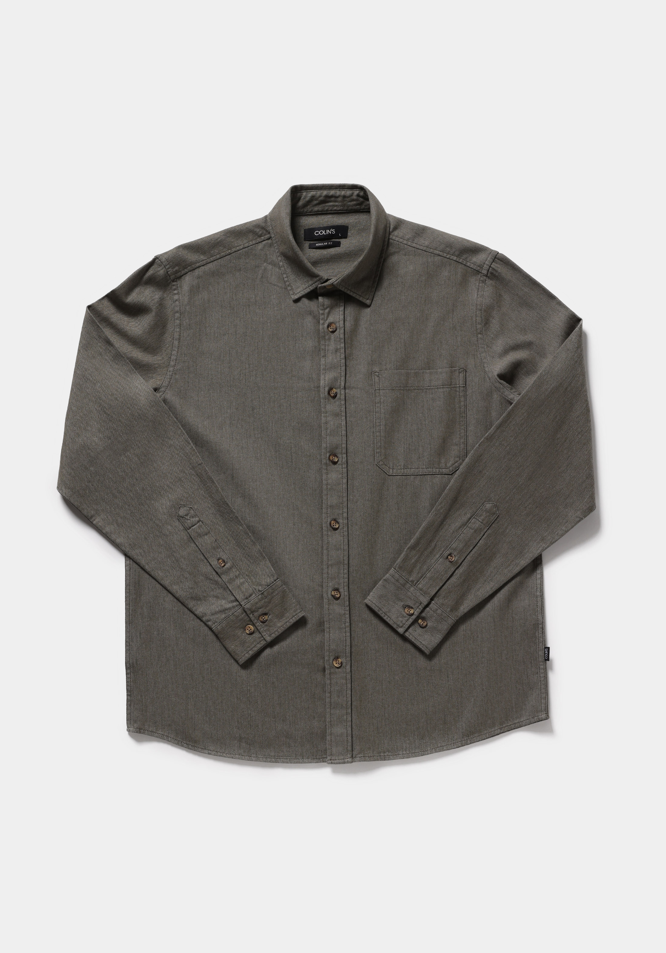 Regular Fit Shirt Neck Düz Erkek Yeşil Uzun Kol Gömlek