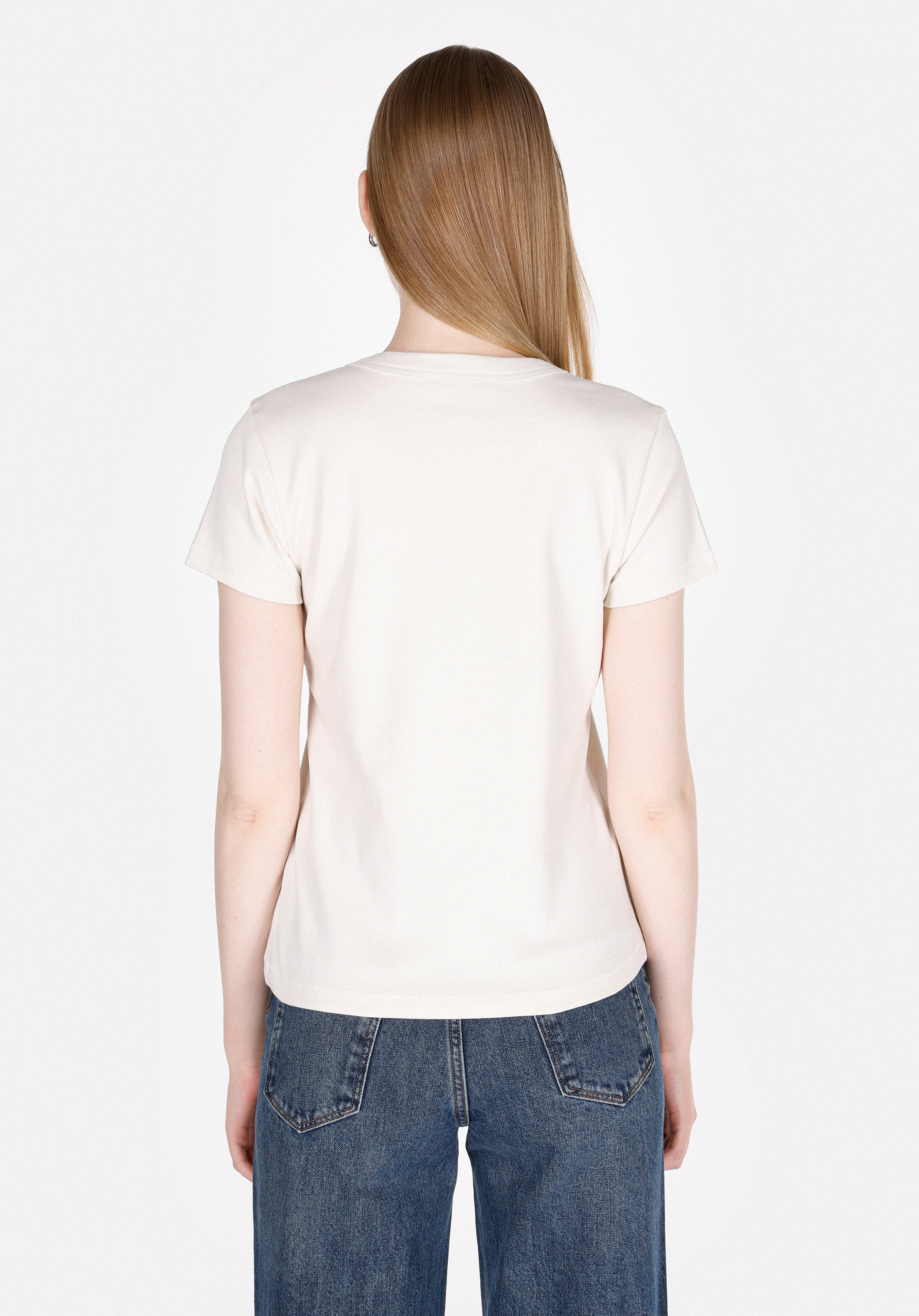 Slim Fit Yuvarlak Yaka Baskılı Kadın Beyaz Kısa Kol Tişört