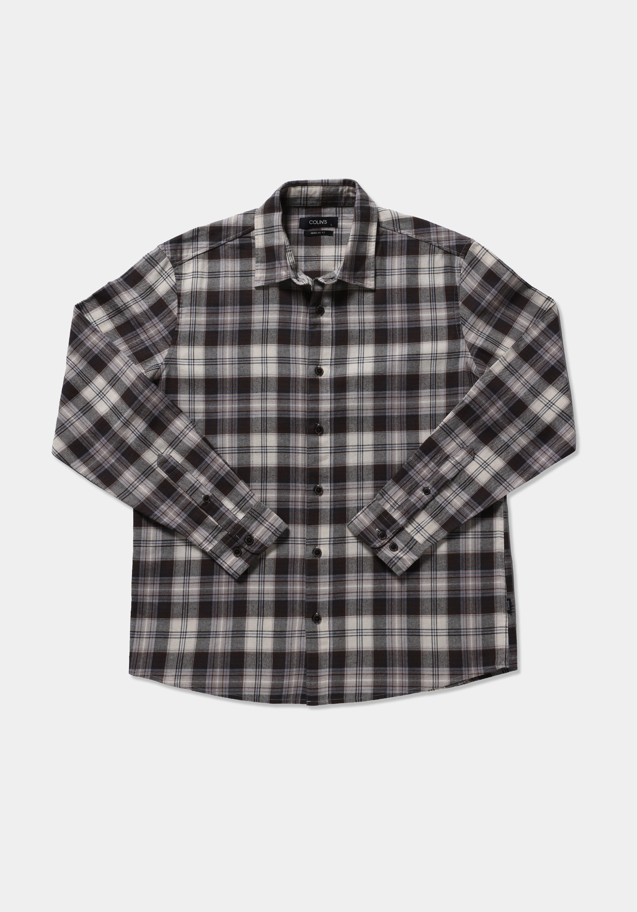 Regular Fit Shirt Neck Ekoseli Erkek Kahverengi Uzun Kol Gömlek