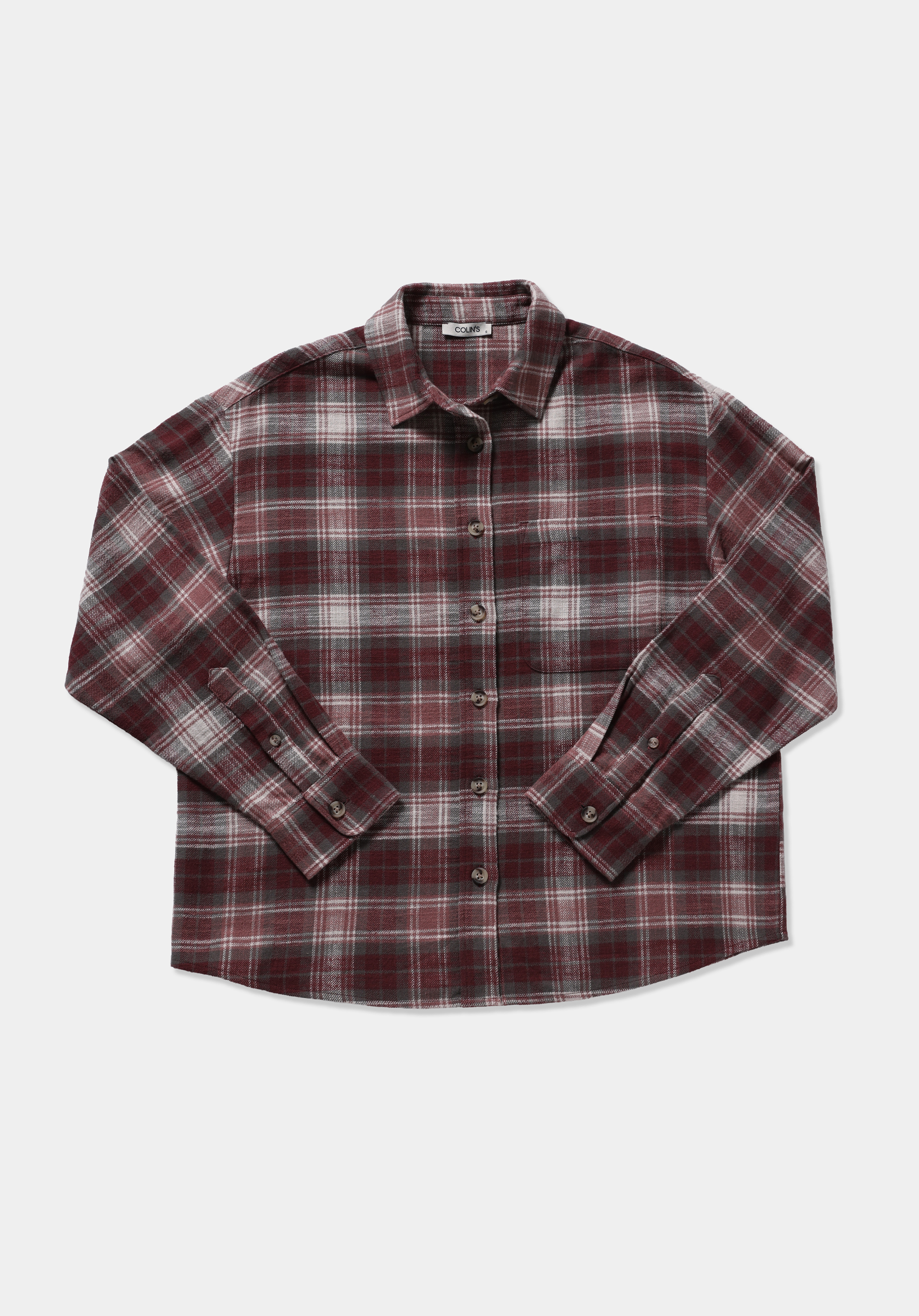 Regular Fit Shirt Neck Ekoseli Kadın Pembe Uzun Kol Gömlek