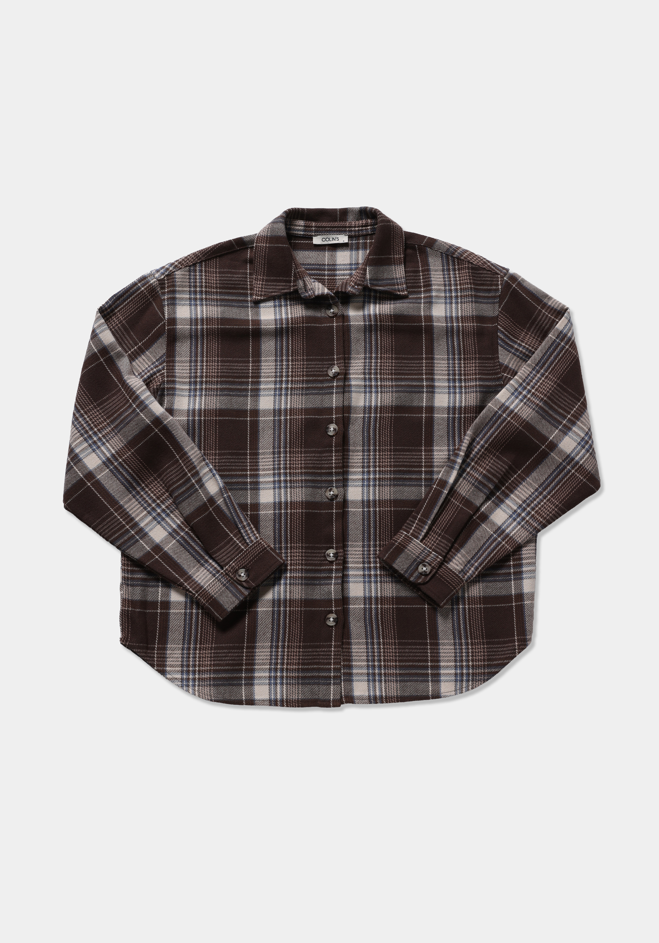 Regular Fit Shirt Neck Ekoseli Kadın Kahverengi Uzun Kol Gömlek