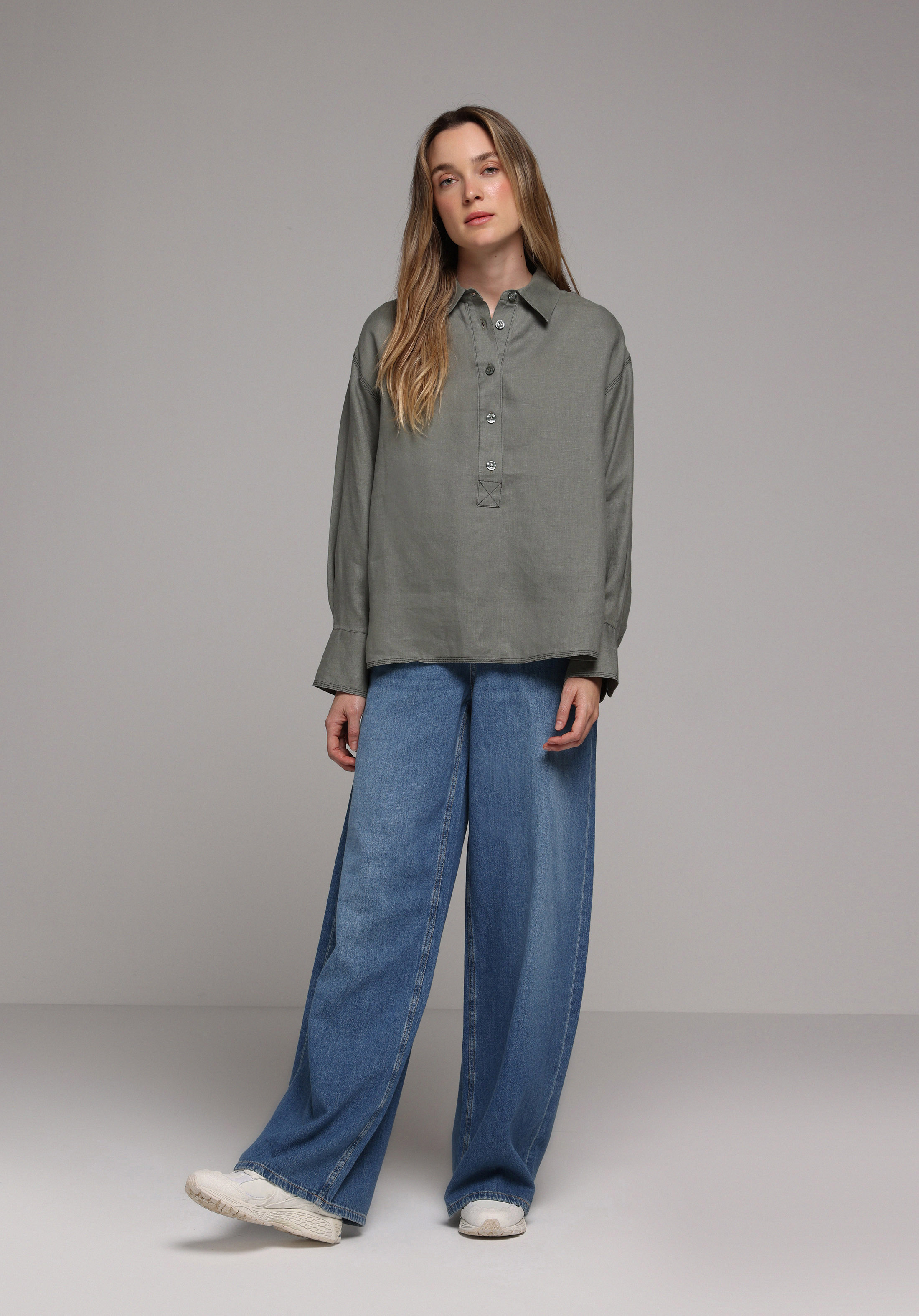 Fashion Fit Shirt Neck Düz Kadın Yeşil Uzun Kol Gömlek