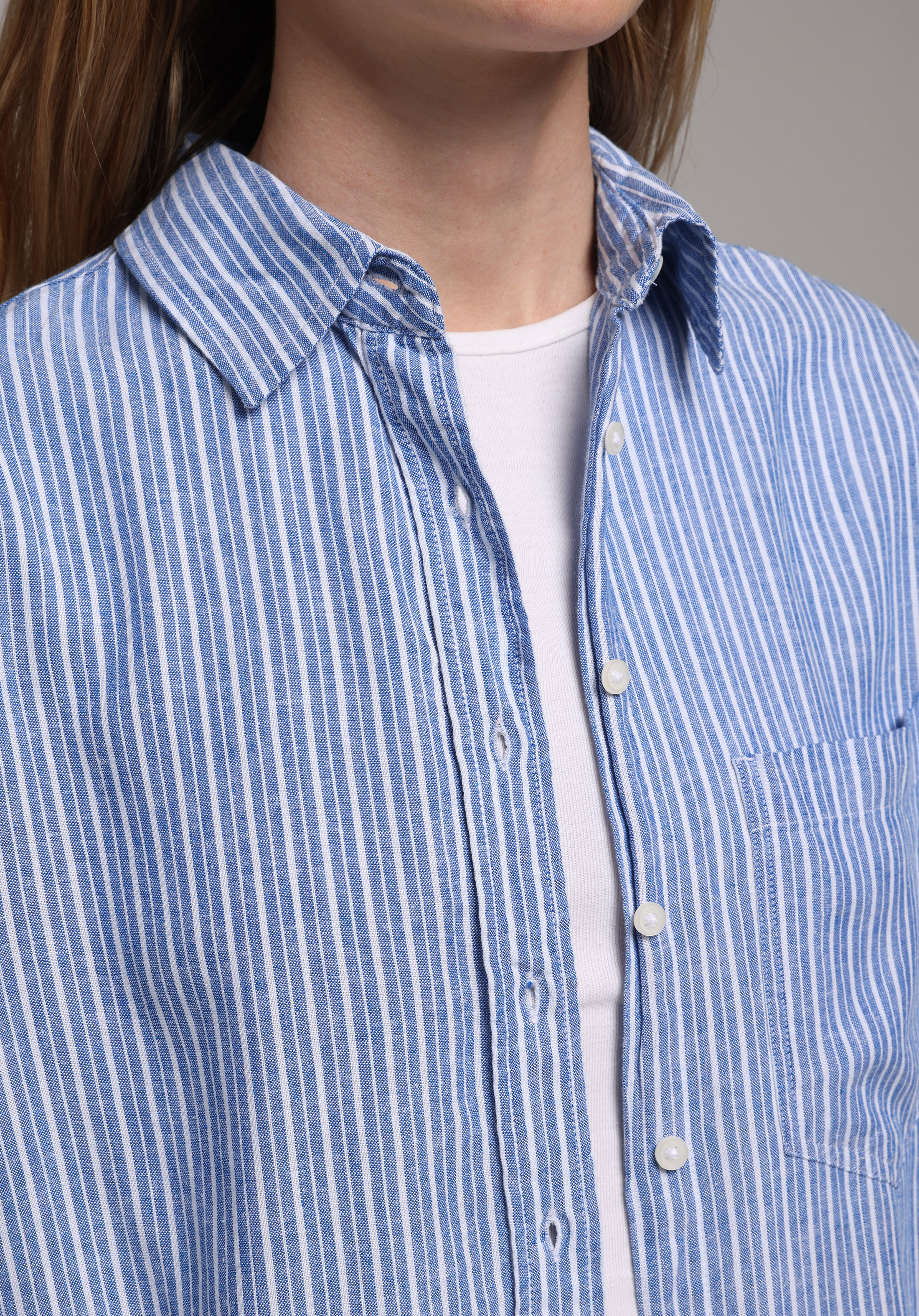 Boyfriend Fit Shirt Neck Çizgili Kadın Mavi Uzun Kol Gömlek
