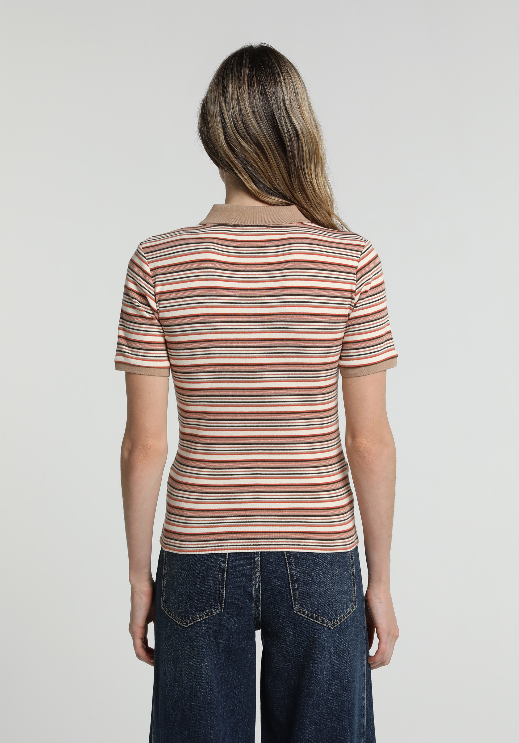 Slim Fit Polo Yaka Çizgili Kadın Çok Renkli Kısa Kol Tişört