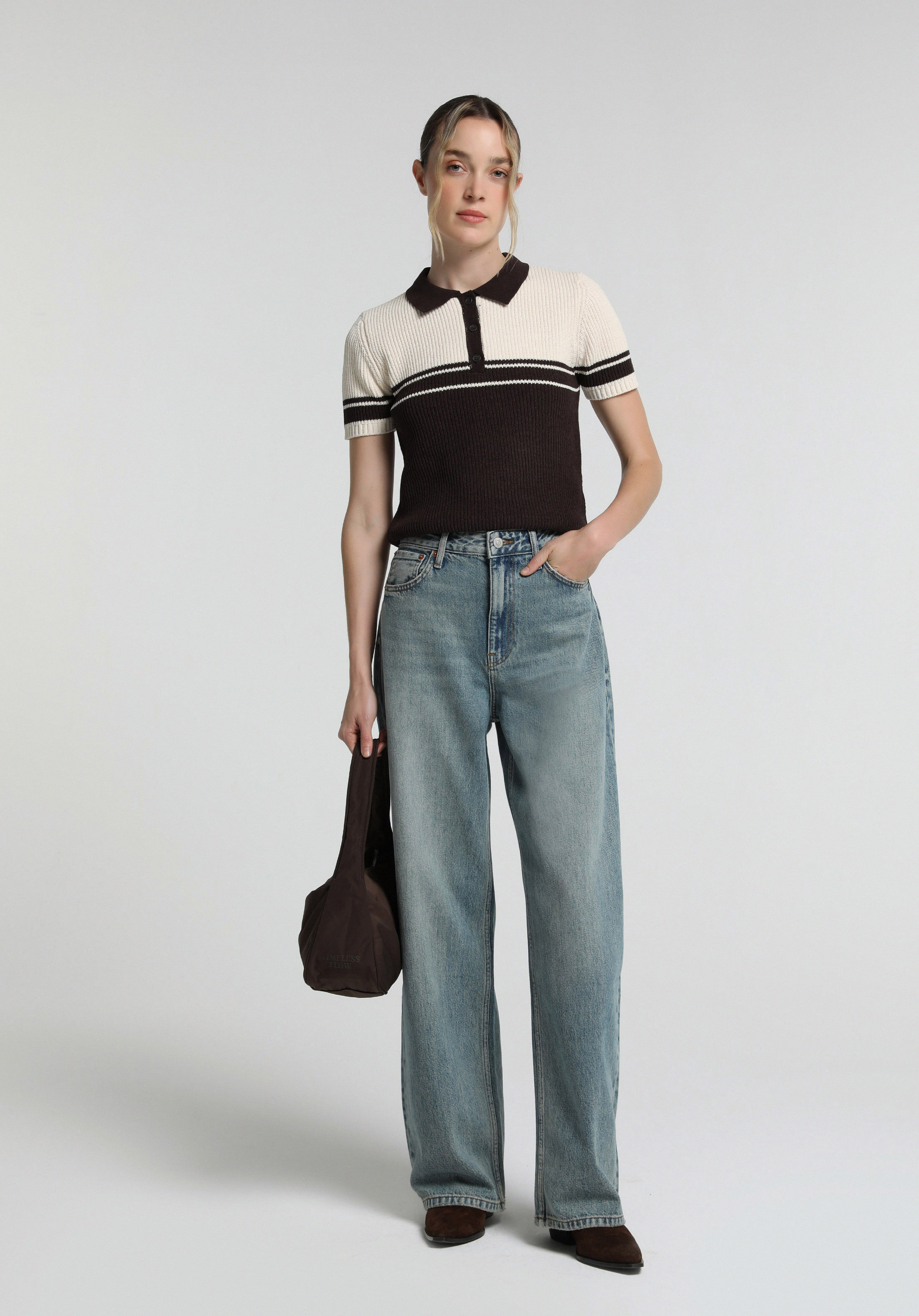 Slim Fit Polo Yaka Çizgili Kadın Kahverengi Kısa Kol Kazak