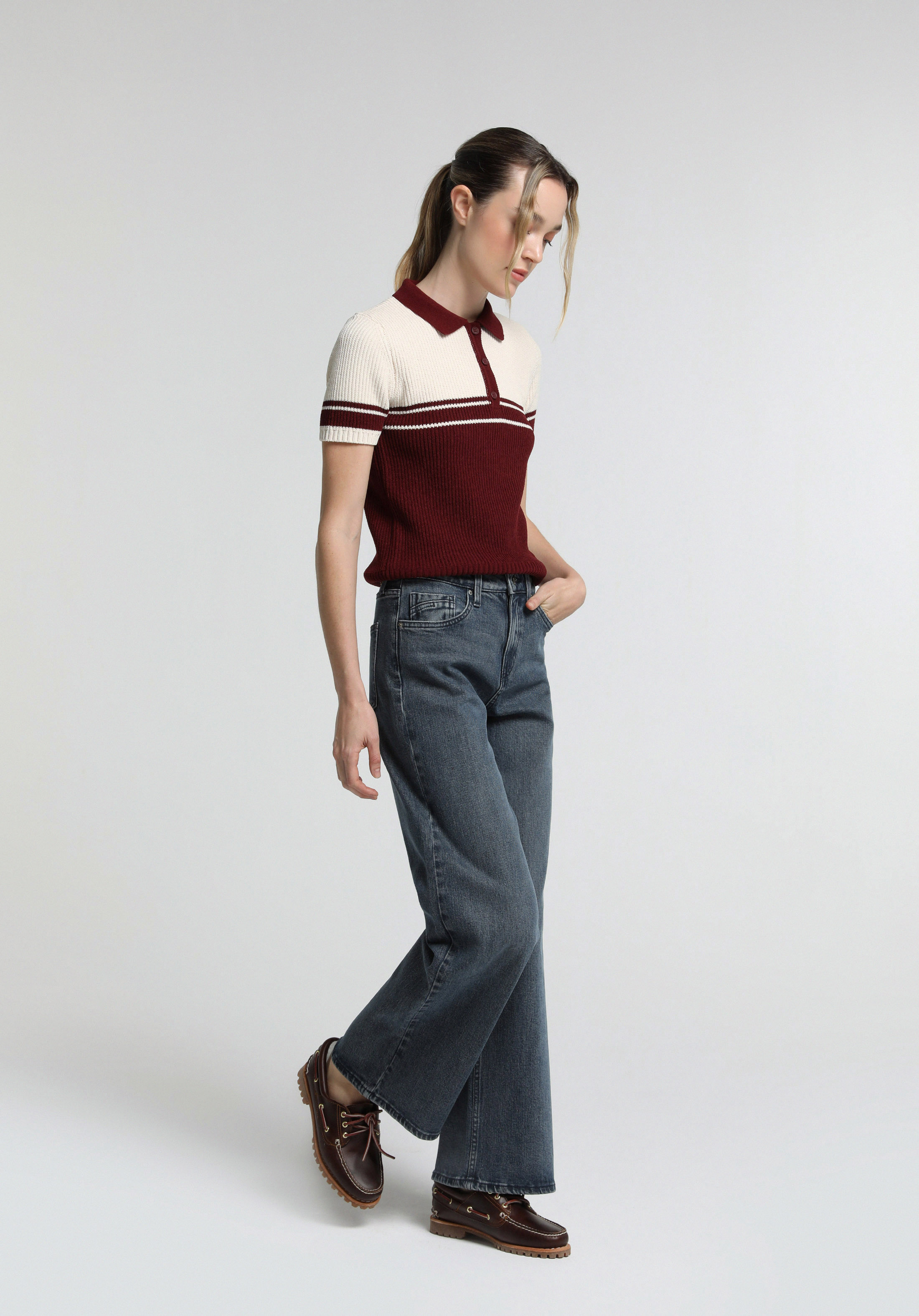 Slim Fit Polo Yaka Çizgili Kadın Bordo Kısa Kol Kazak