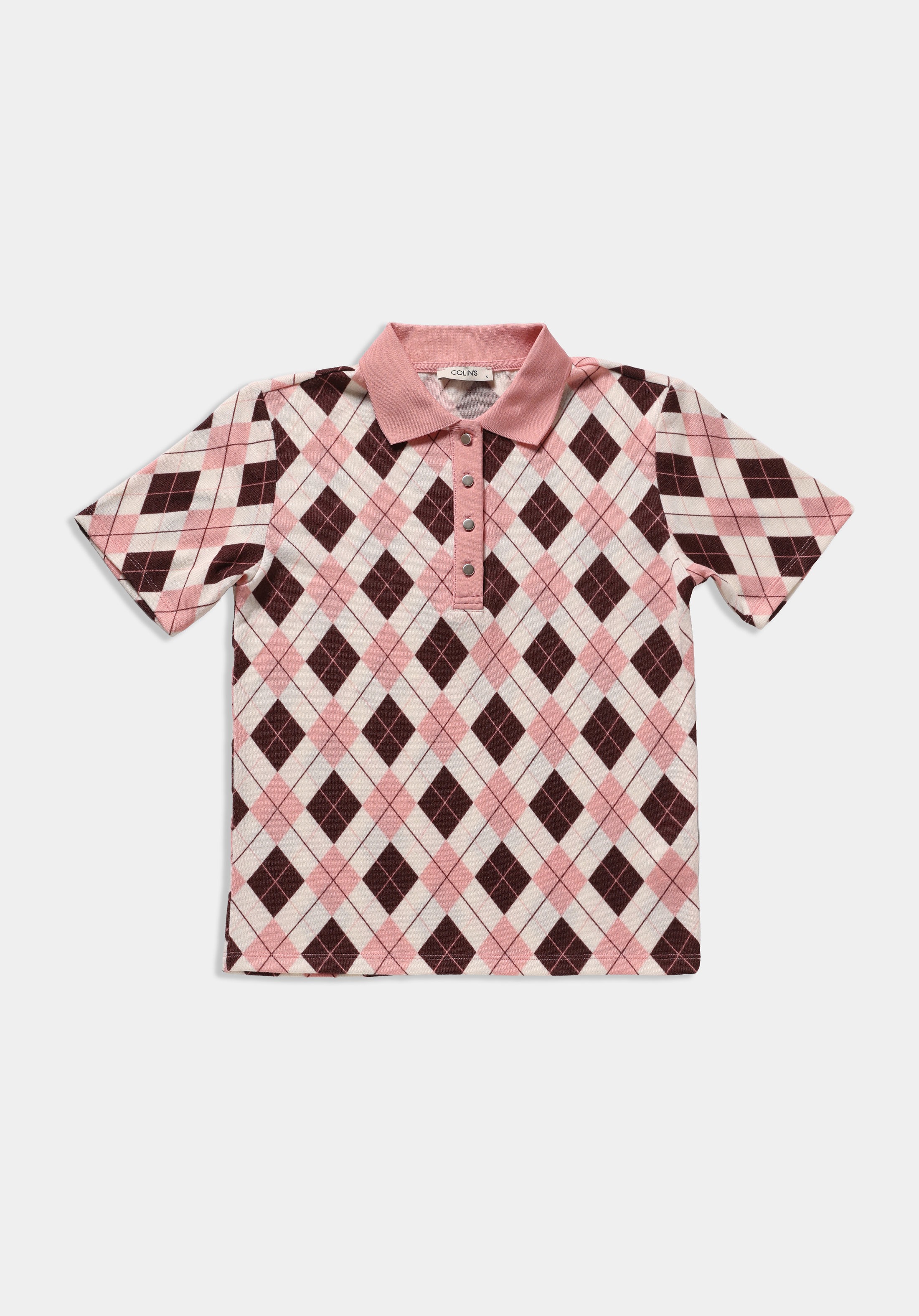 Slim Fit Polo Yaka Metraj Baskılı Kadın Pembe Kısa Kol Tişört