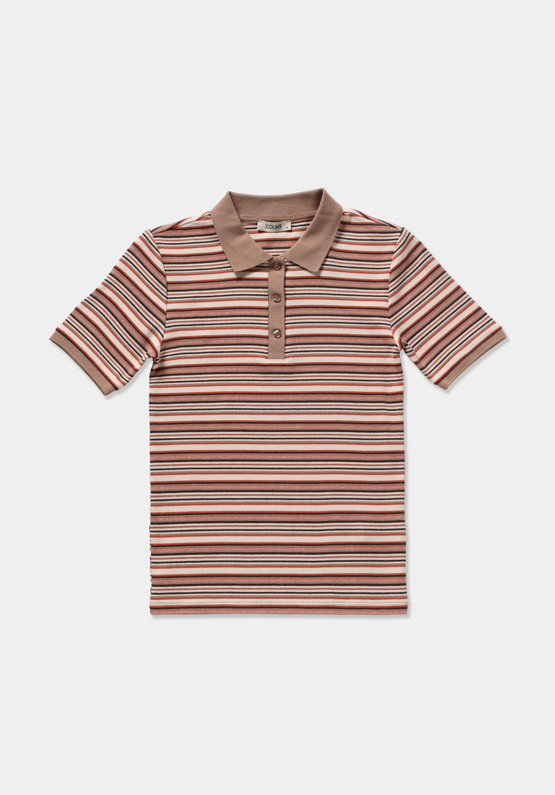 Slim Fit Polo Yaka Çizgili Kadın Çok Renkli Kısa Kol Tişört