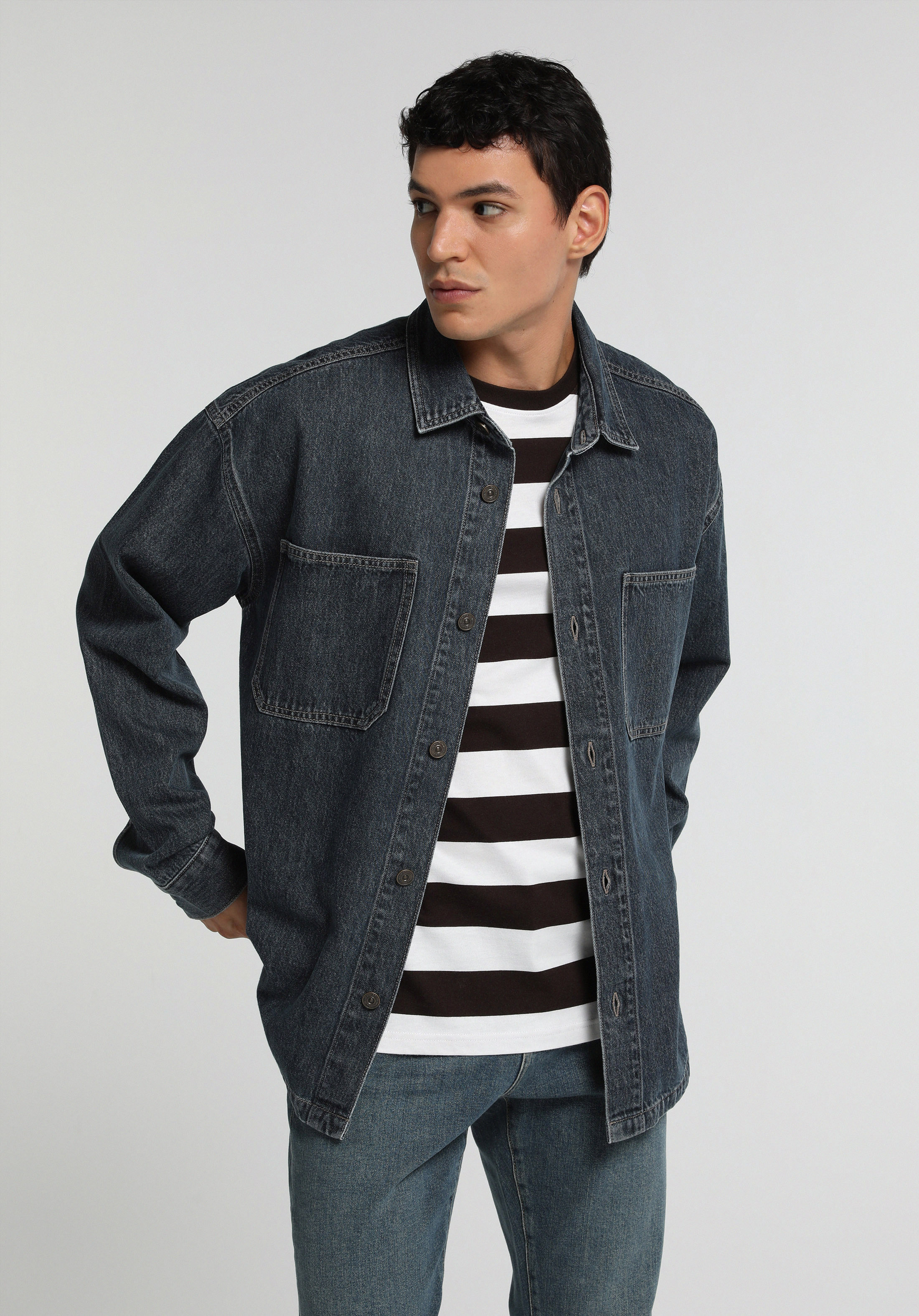 Oversize Fit   Erkek Mid İndigo Denim Shacket