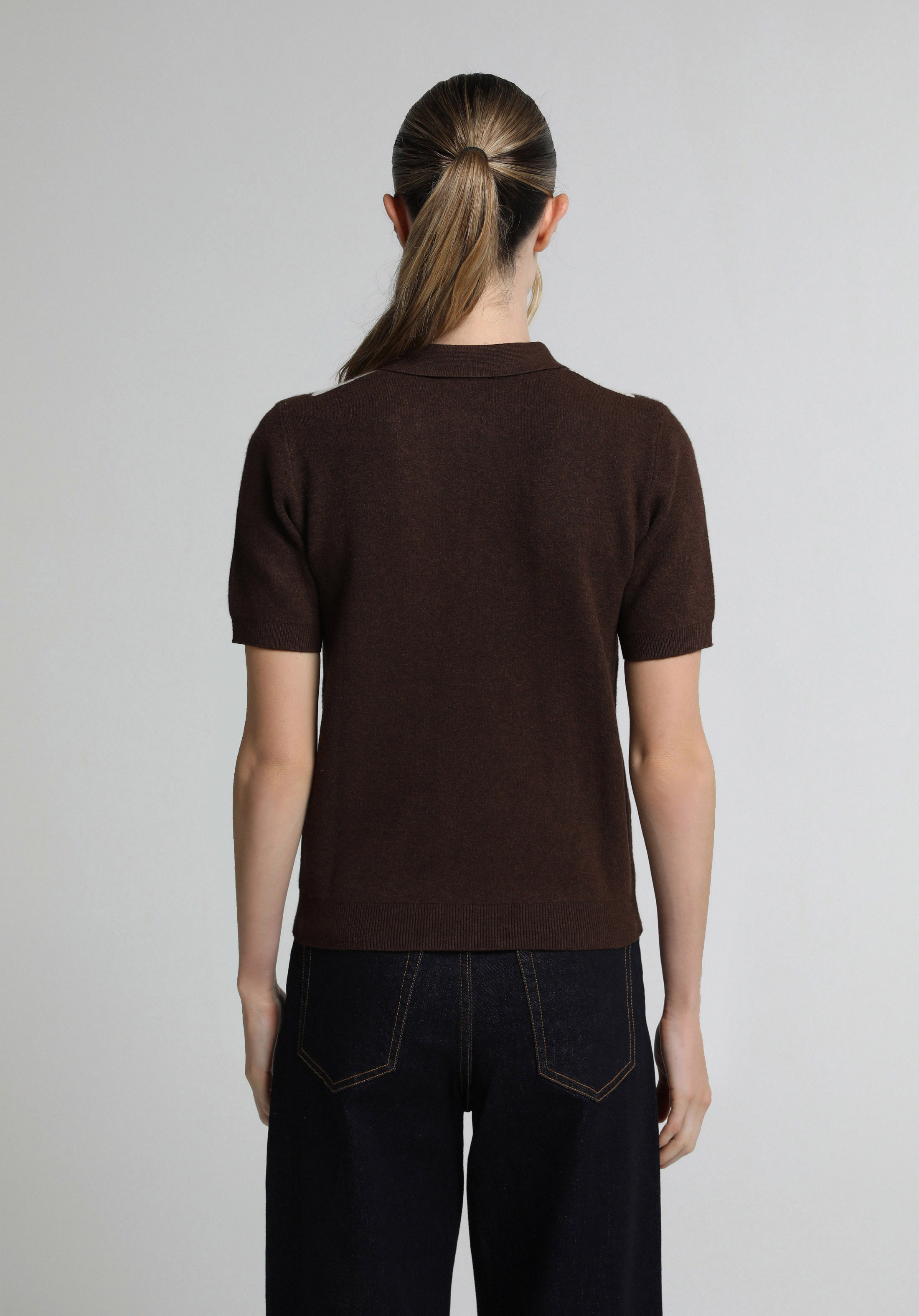 Slim Fit Polo Yaka Jakarlı Kadın Kahverengi Kısa Kol Kazak