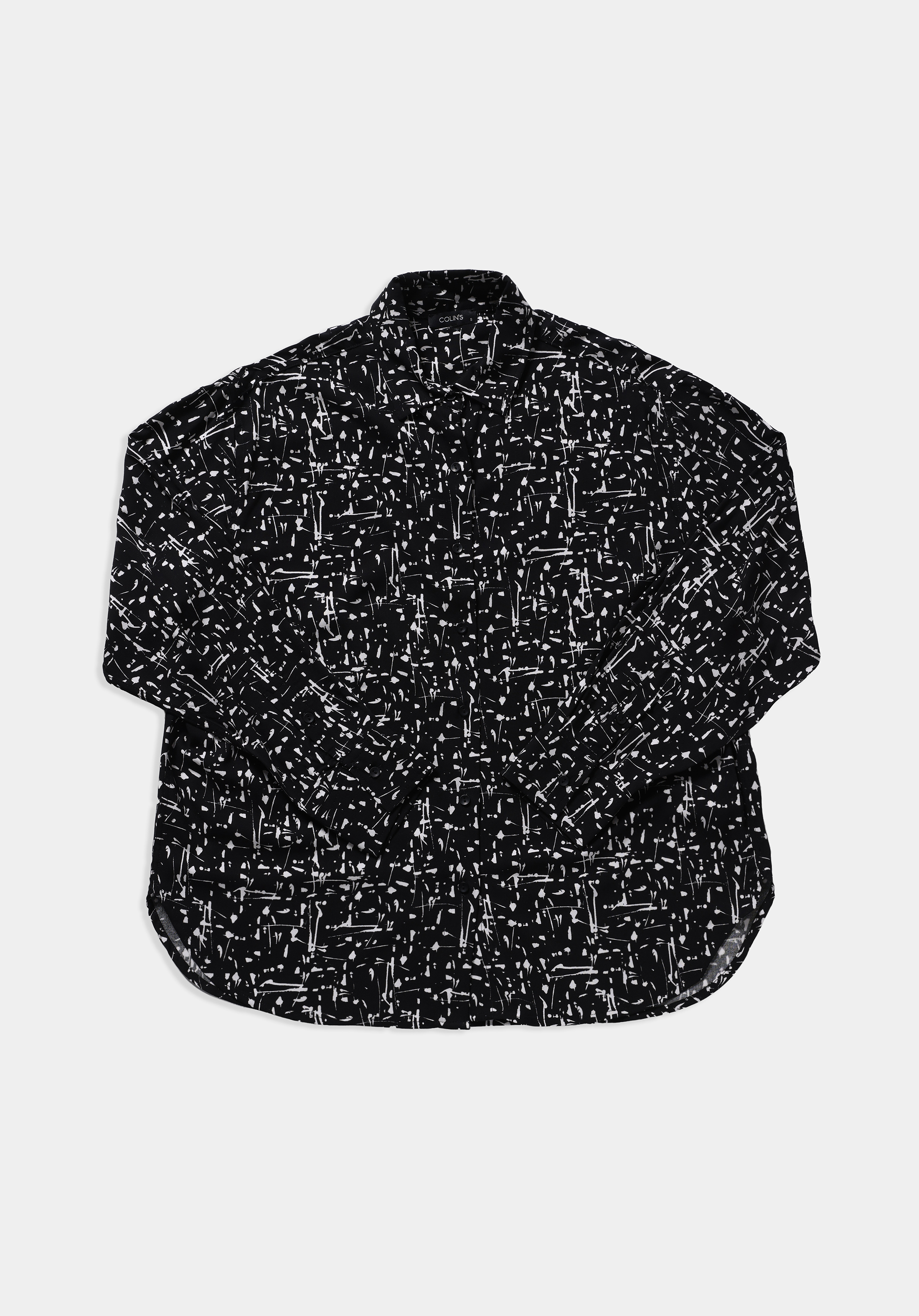 Boyfriend Fit Shirt Neck Baskılı Kadın Siyah Uzun Kol Gömlek