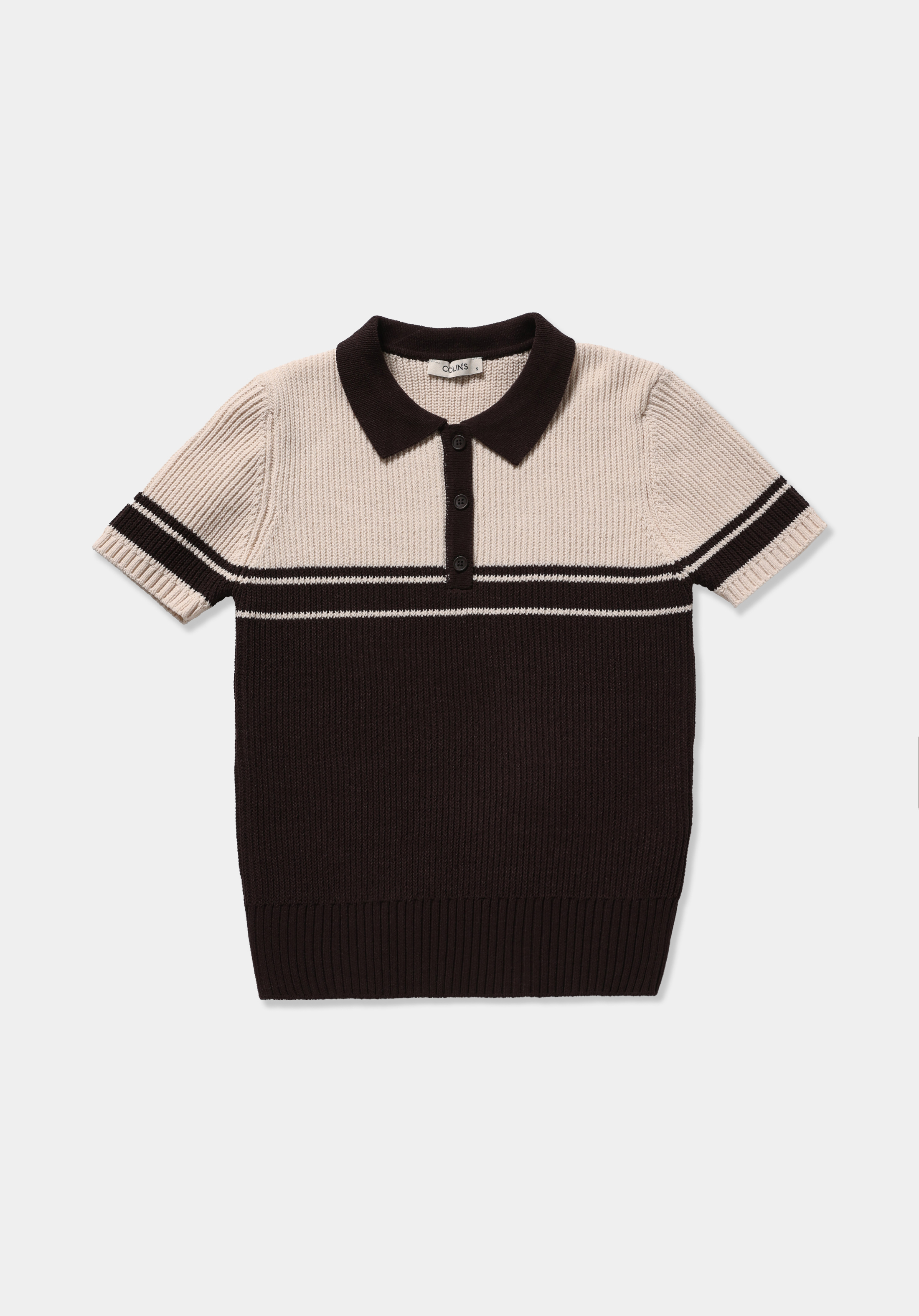Slim Fit Polo Yaka Çizgili Kadın Kahverengi Kısa Kol Kazak