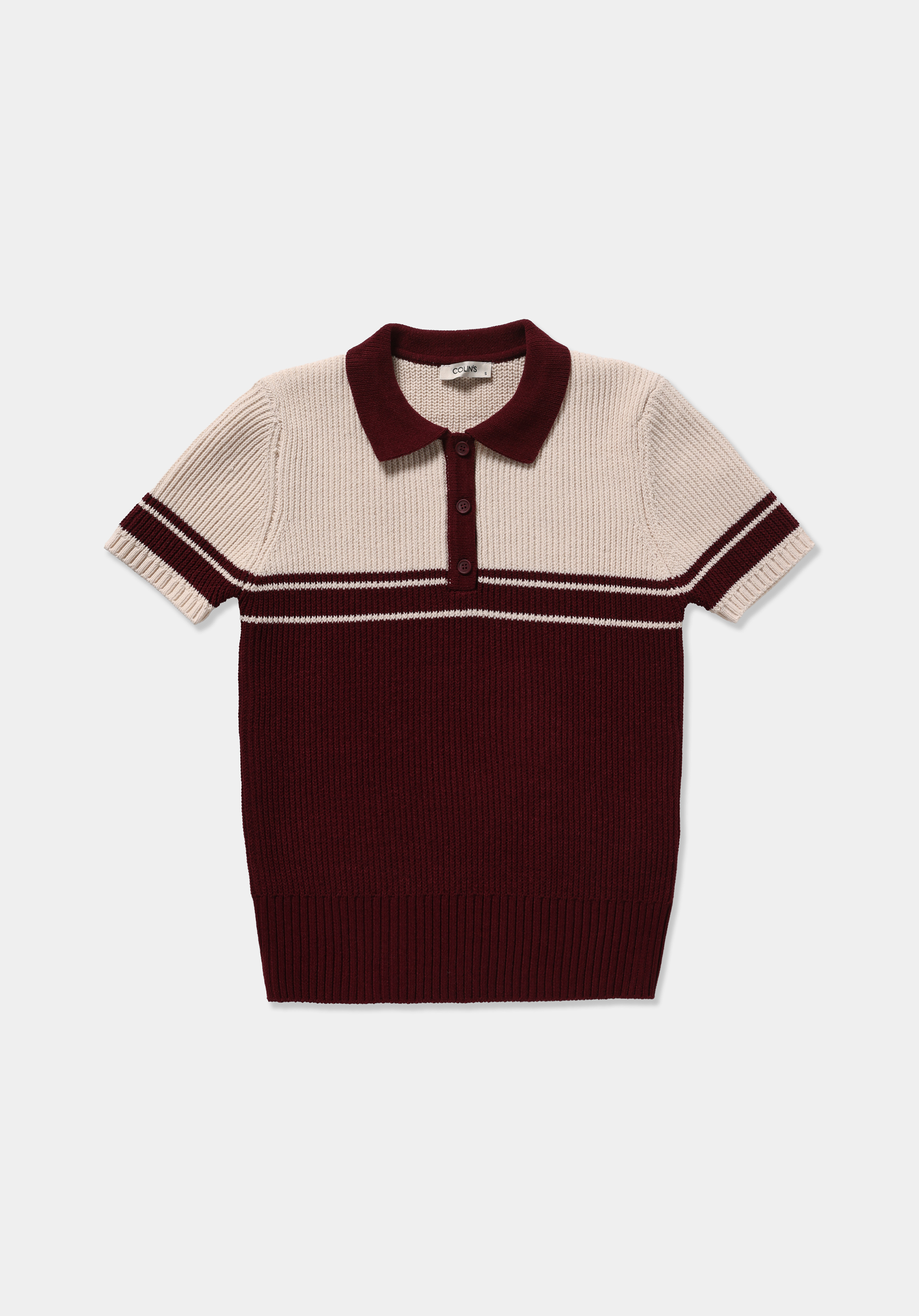 Slim Fit Polo Yaka Çizgili Kadın Bordo Kısa Kol Kazak