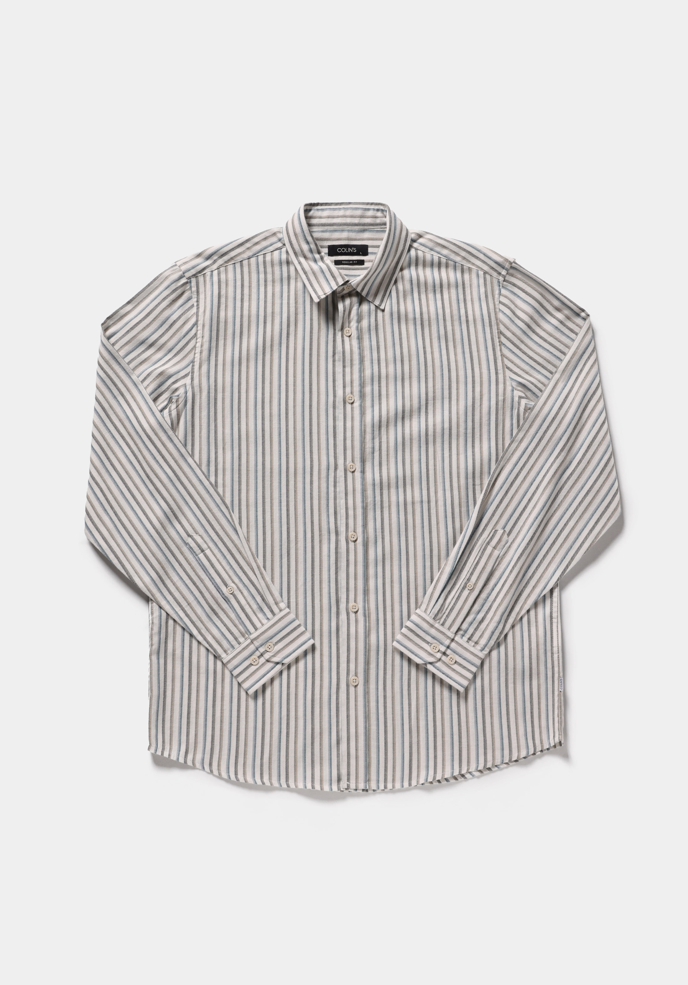 Regular Fit Shirt Neck Çizgili Erkek Mavi Uzun Kol Gömlek