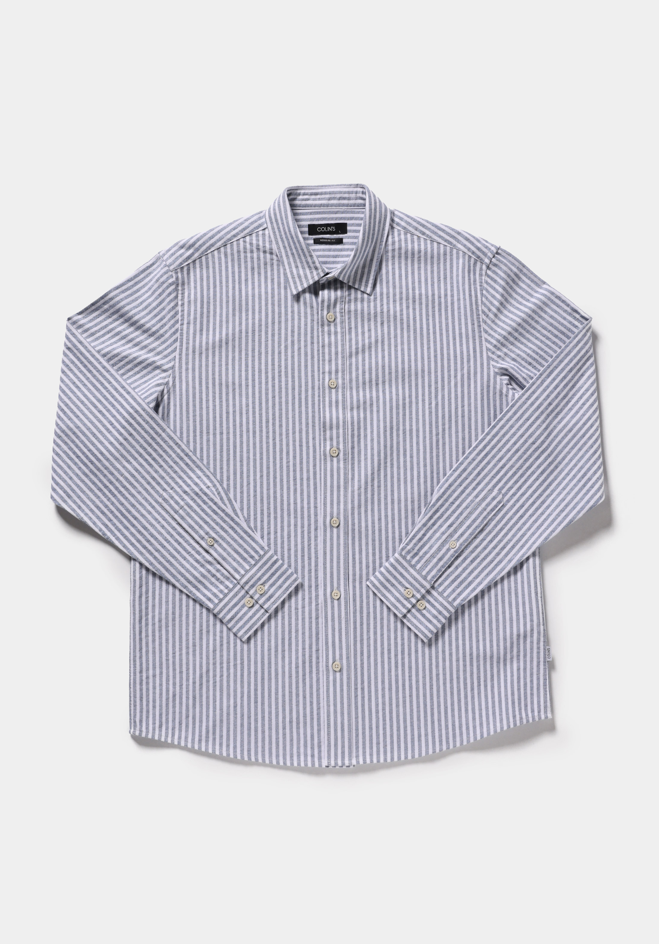 Regular Fit Shirt Neck Çizgili Erkek Mavi Uzun Kol Gömlek