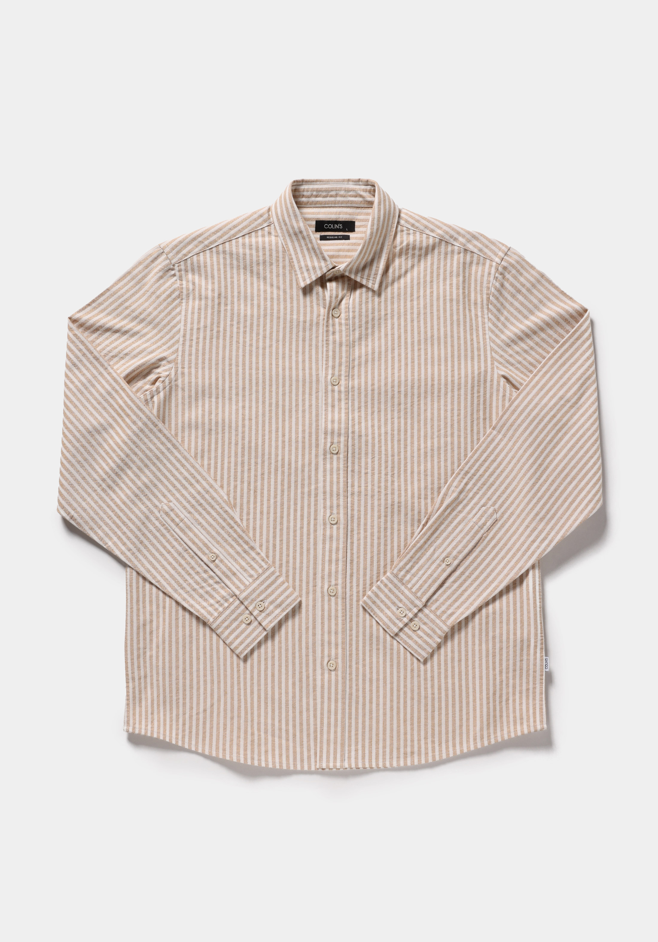 Regular Fit Shirt Neck Çizgili Erkek Bej Uzun Kol Gömlek