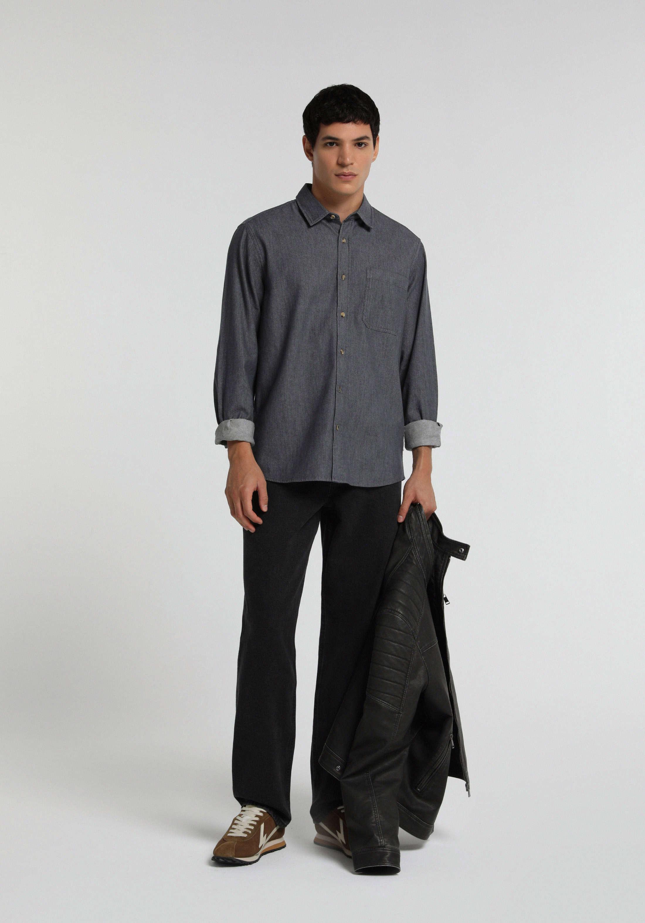 Regular Fit Shirt Neck Düz Erkek Antrasit Uzun Kol Gömlek