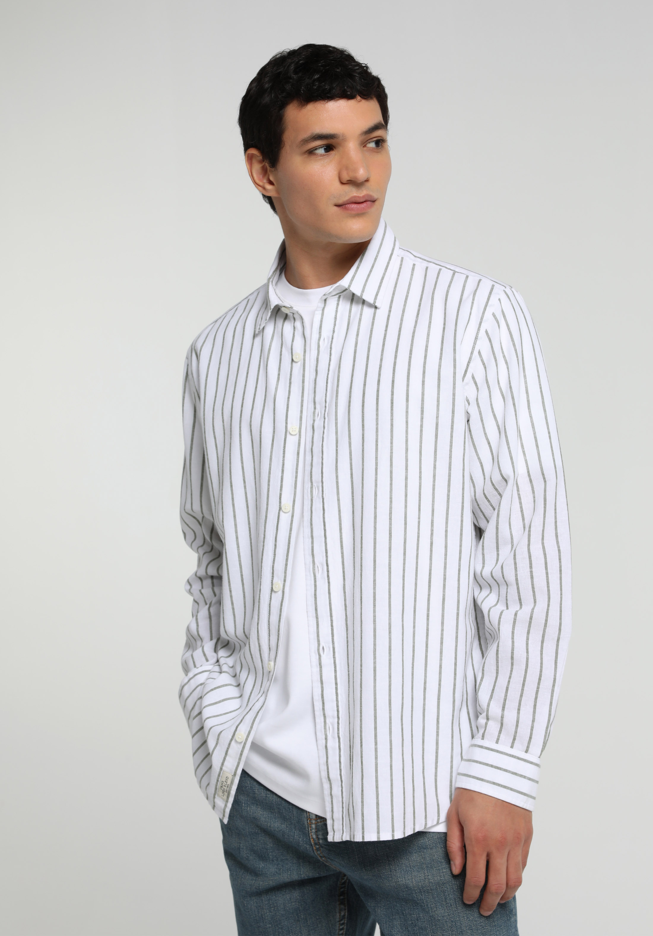Regular Fit Shirt Neck Çizgili Erkek Yeşil Uzun Kol Gömlek