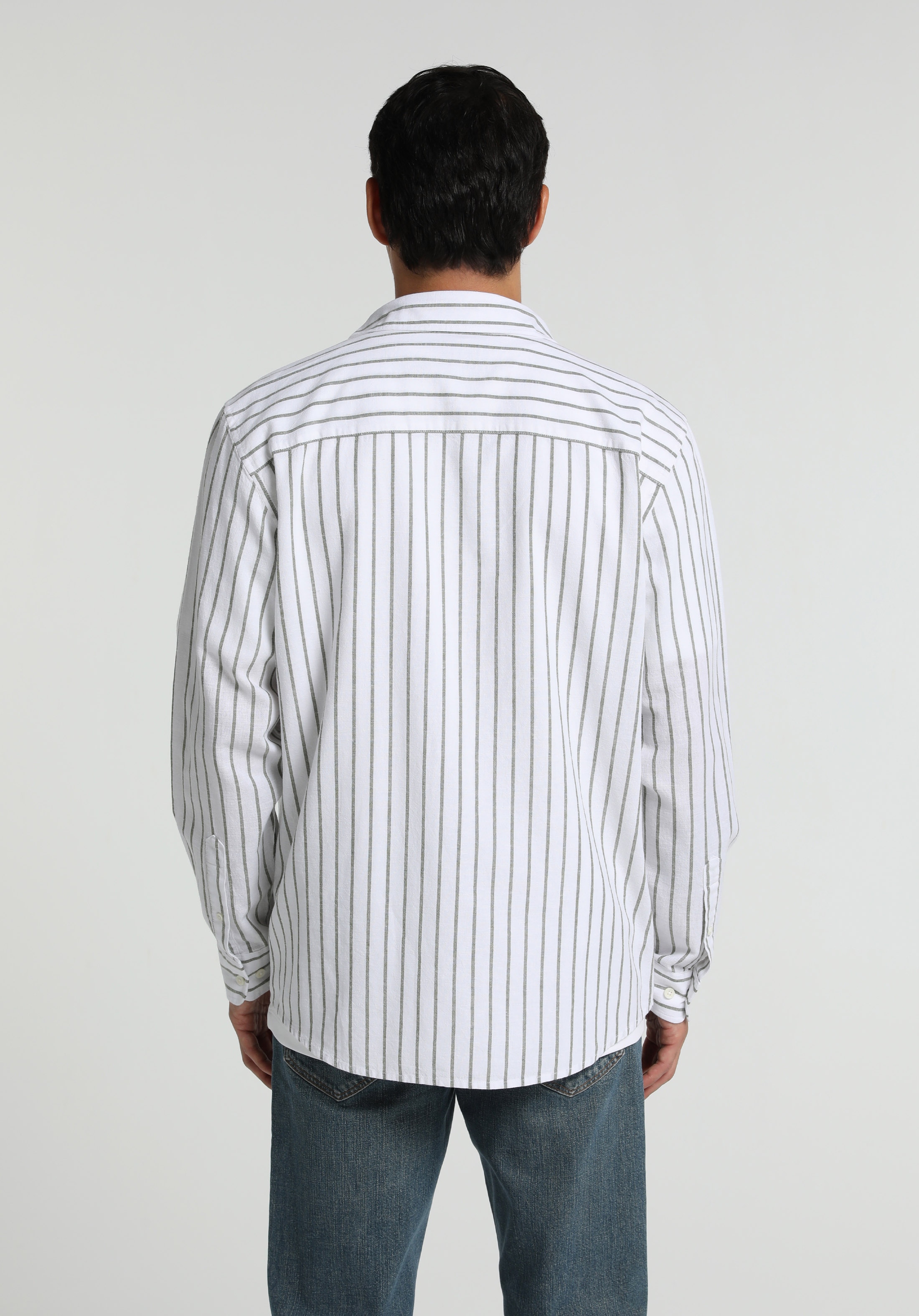 Regular Fit Shirt Neck Çizgili Erkek Yeşil Uzun Kol Gömlek