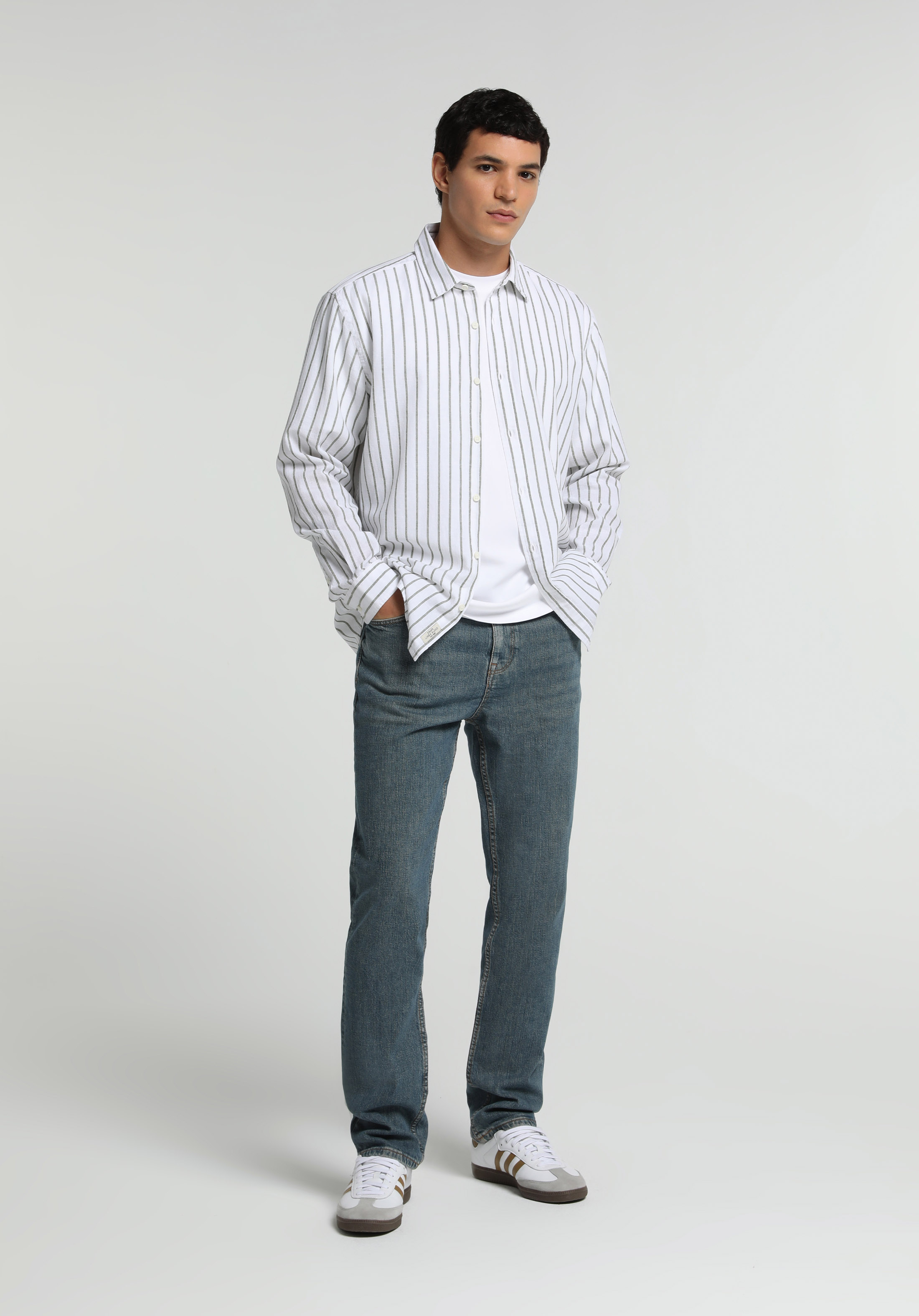 Regular Fit Shirt Neck Çizgili Erkek Yeşil Uzun Kol Gömlek
