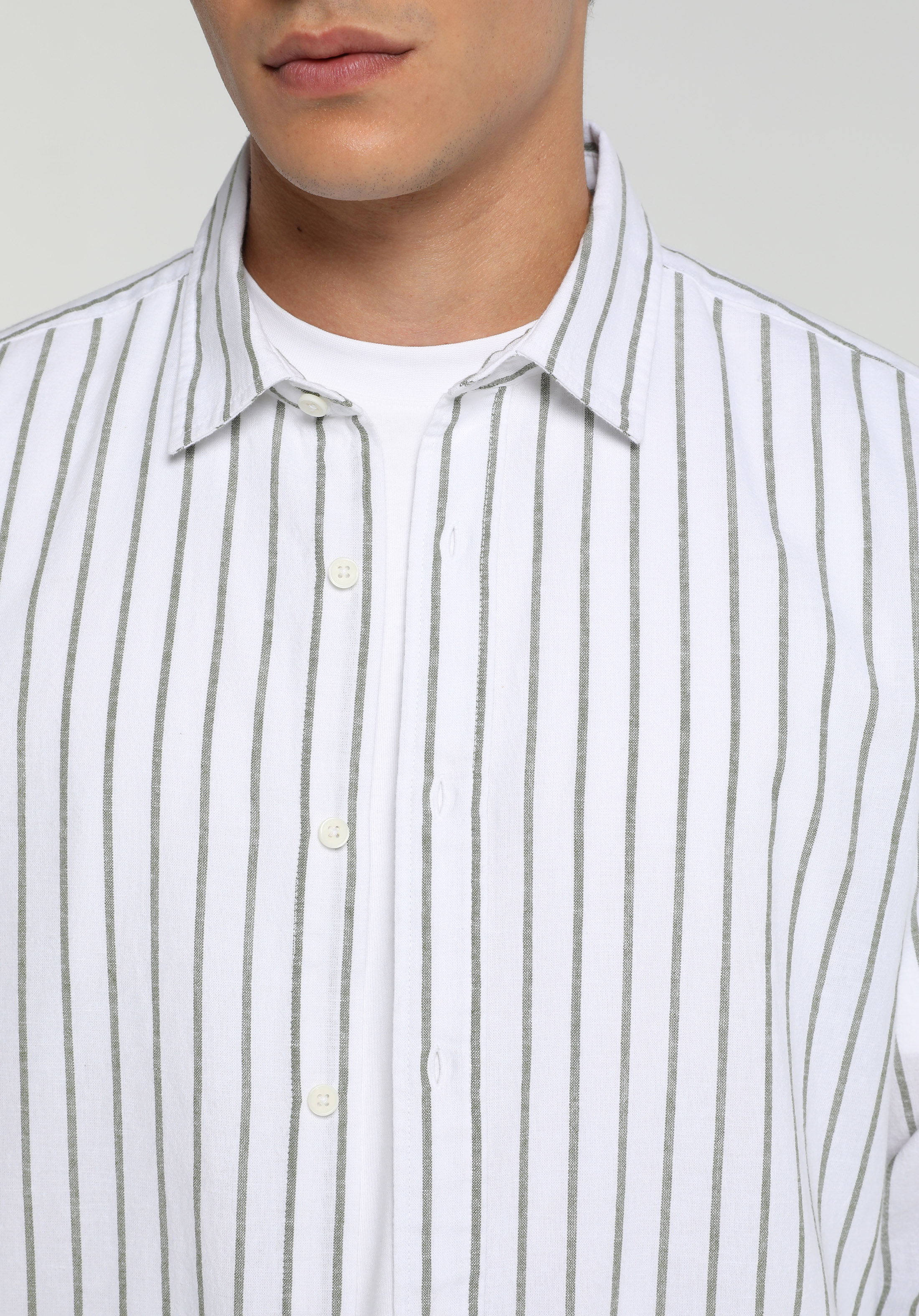 Regular Fit Shirt Neck Çizgili Erkek Yeşil Uzun Kol Gömlek