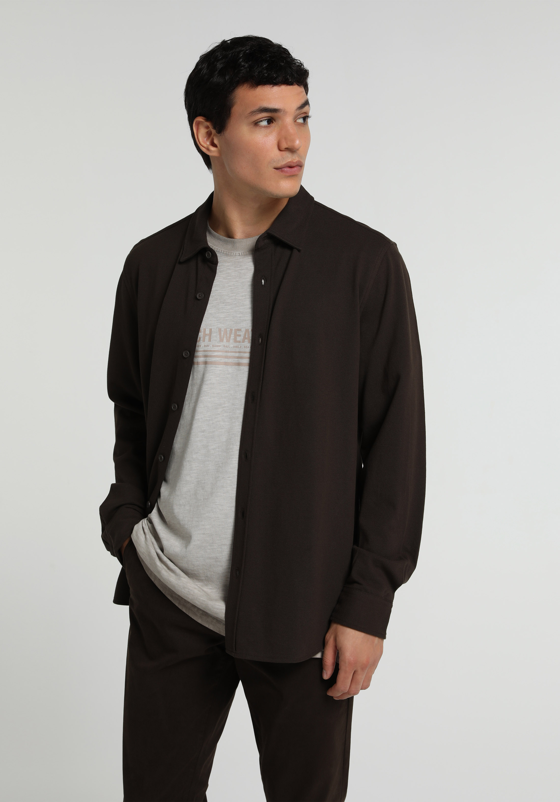 Regular Fit Shirt Neck Düz Erkek Kahverengi Uzun Kol Gömlek