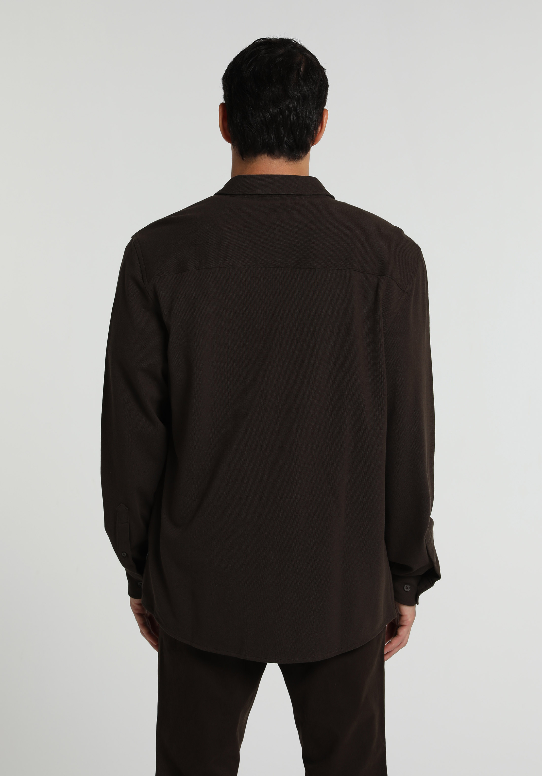 Regular Fit Shirt Neck Düz Erkek Kahverengi Uzun Kol Gömlek