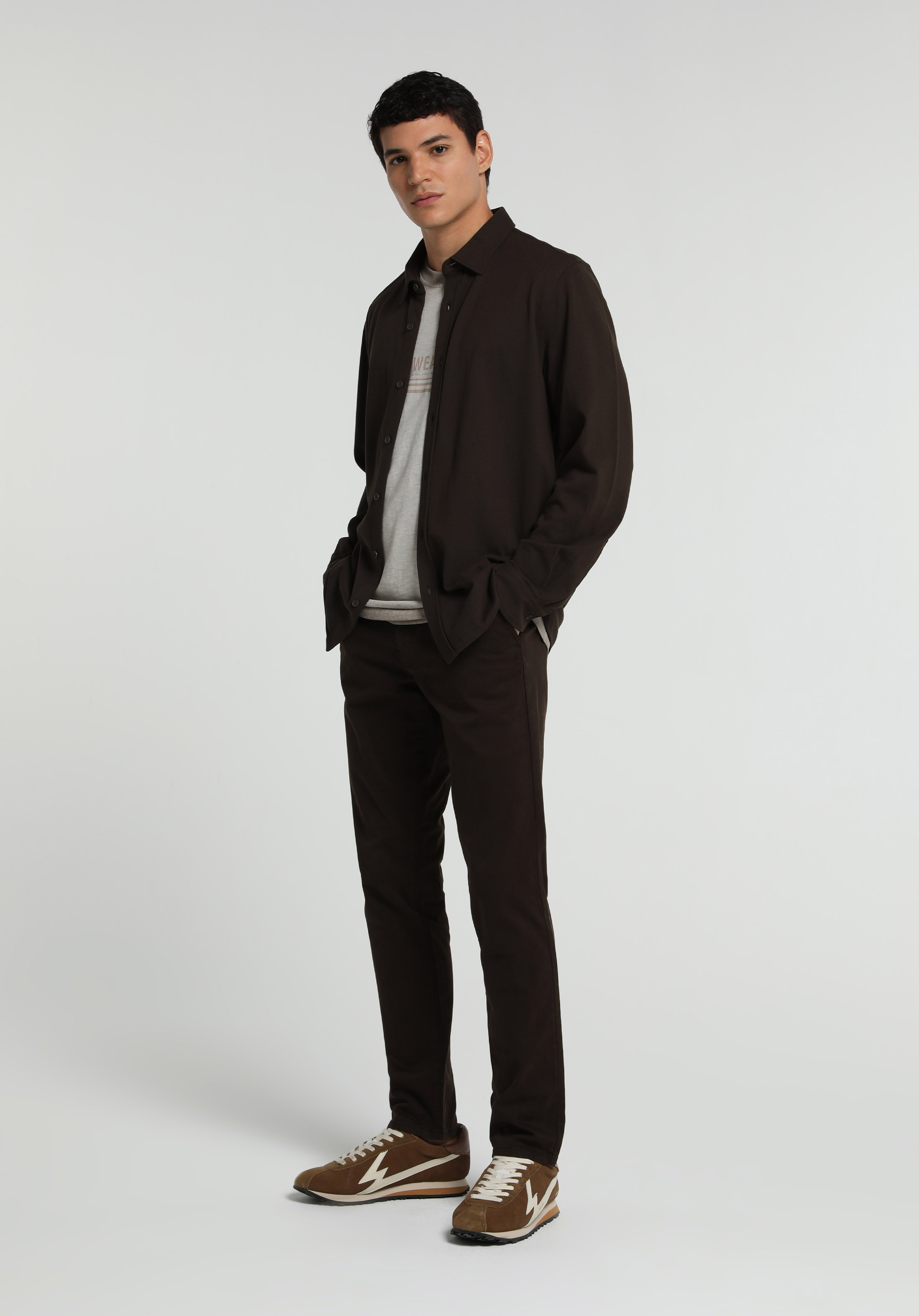 Regular Fit Shirt Neck Düz Erkek Kahverengi Uzun Kol Gömlek