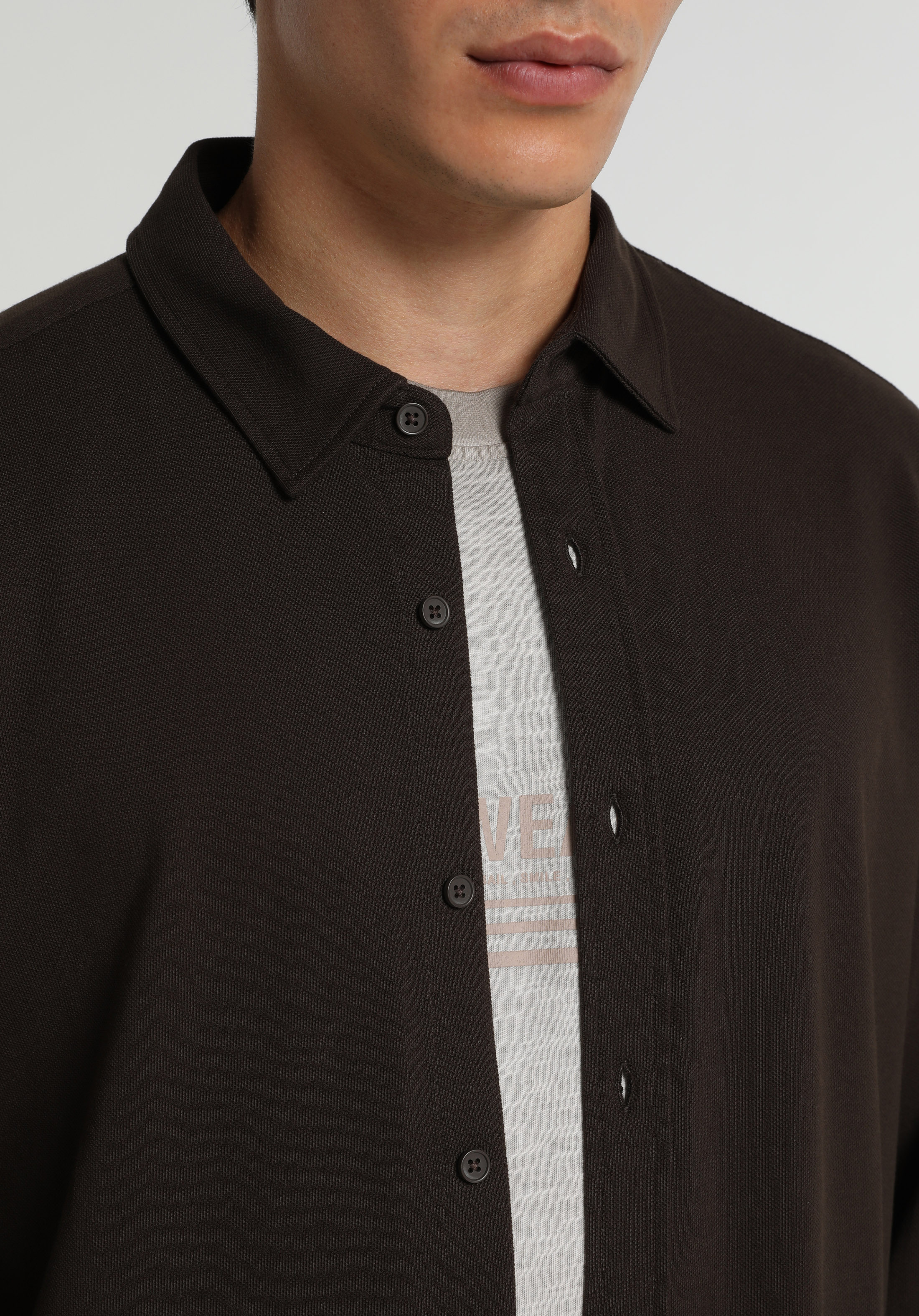 Regular Fit Shirt Neck Düz Erkek Kahverengi Uzun Kol Gömlek