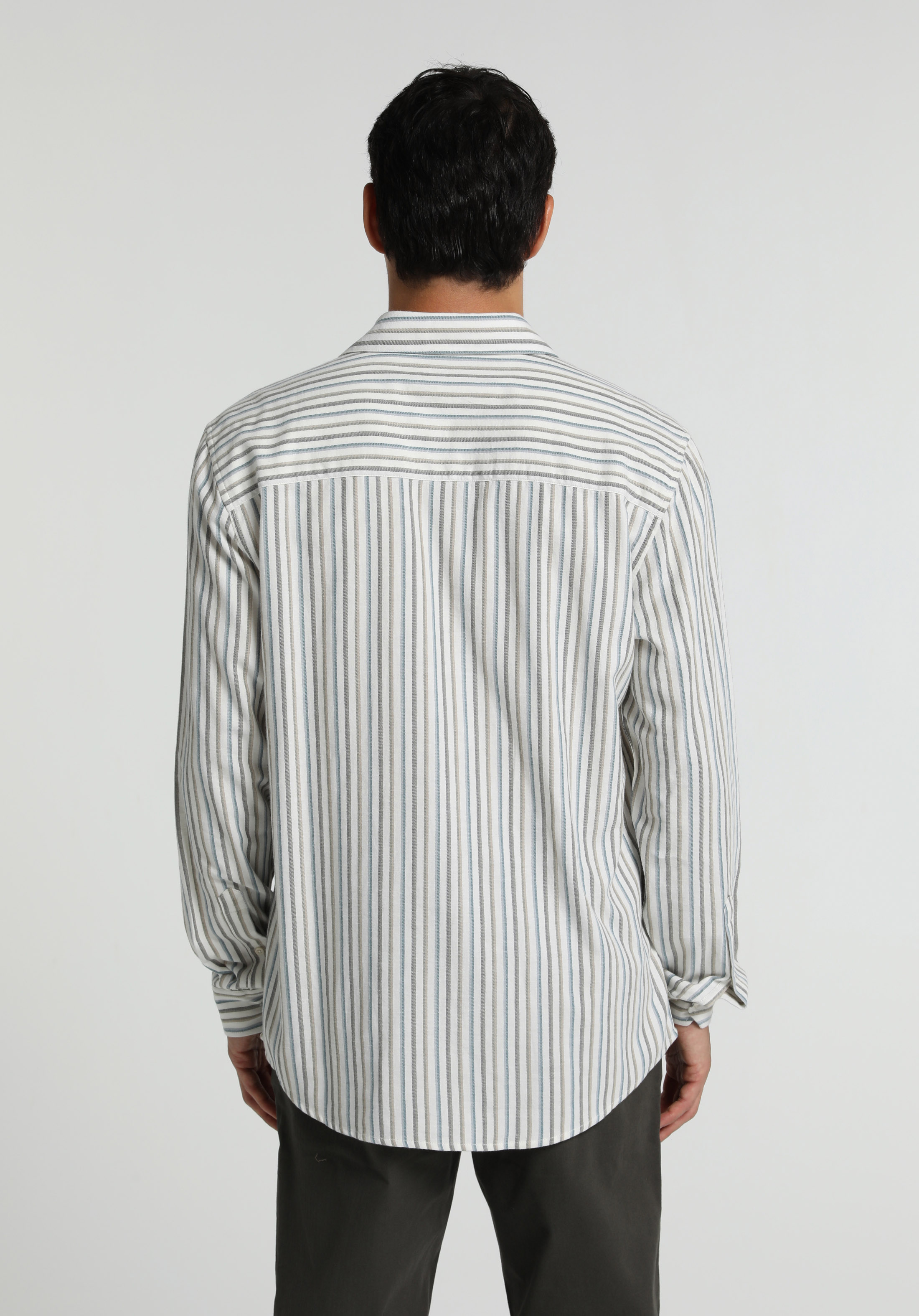 Regular Fit Shirt Neck Çizgili Erkek Mavi Uzun Kol Gömlek