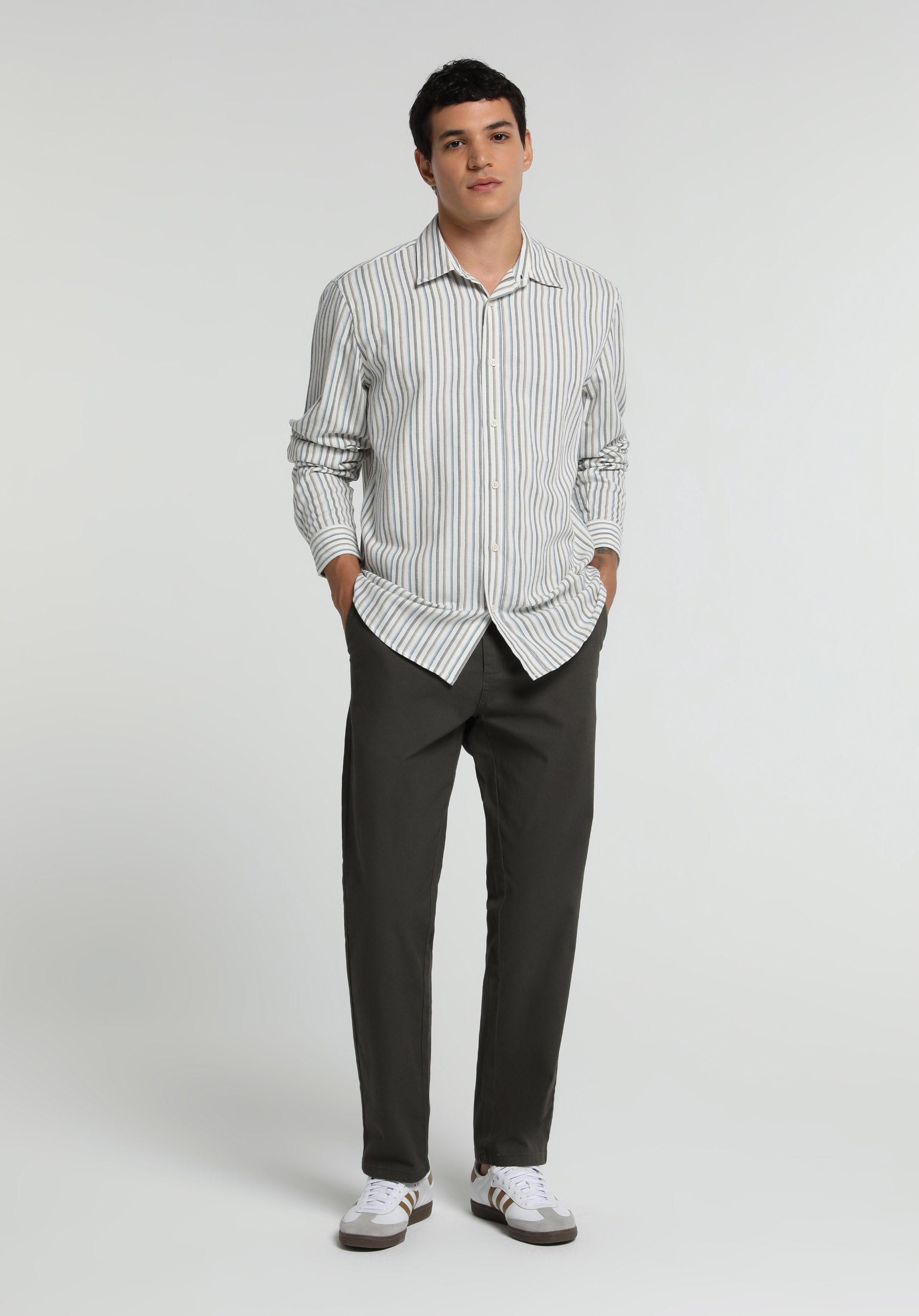 Regular Fit Shirt Neck Çizgili Erkek Mavi Uzun Kol Gömlek