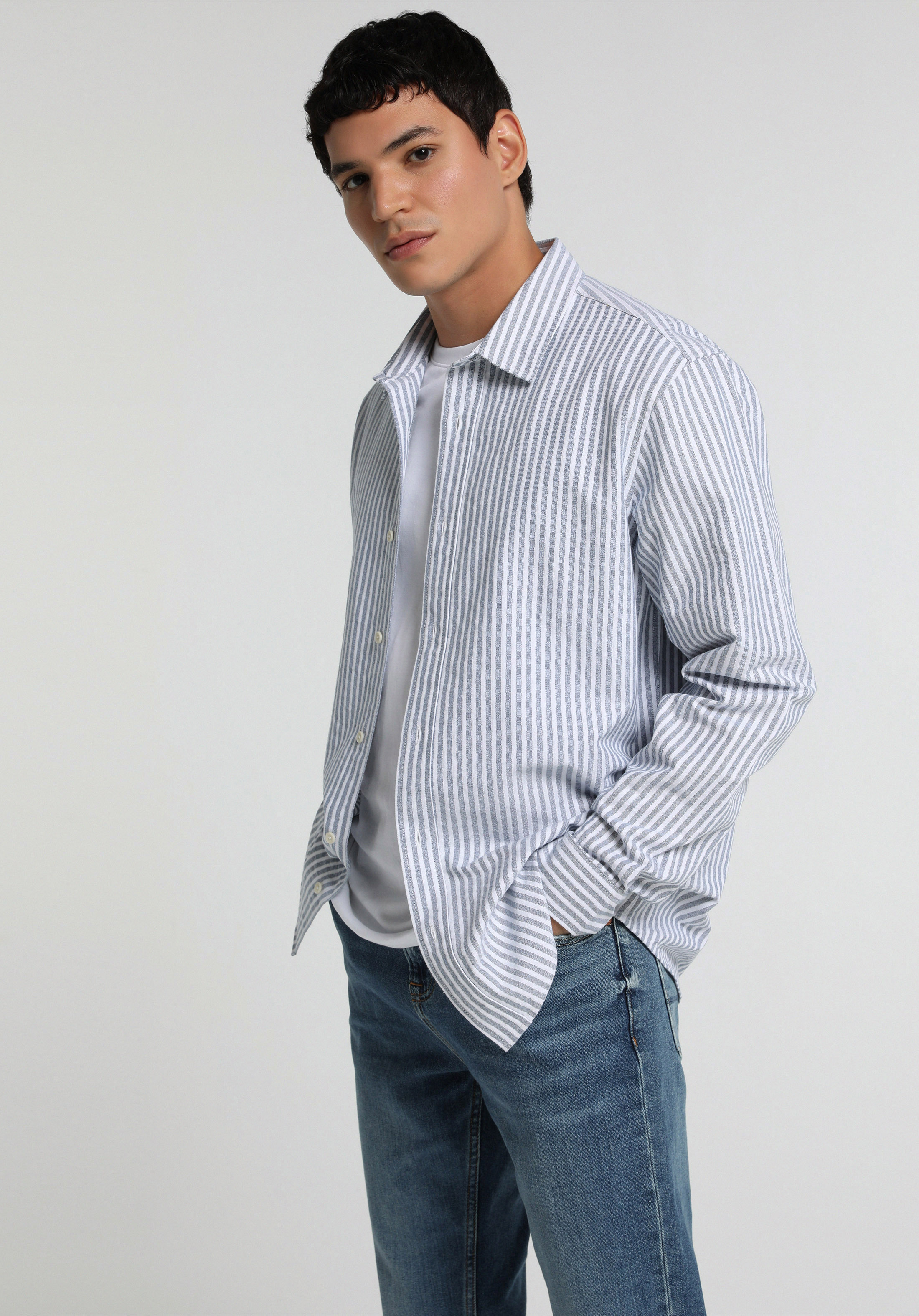 Regular Fit Shirt Neck Çizgili Erkek Mavi Uzun Kol Gömlek