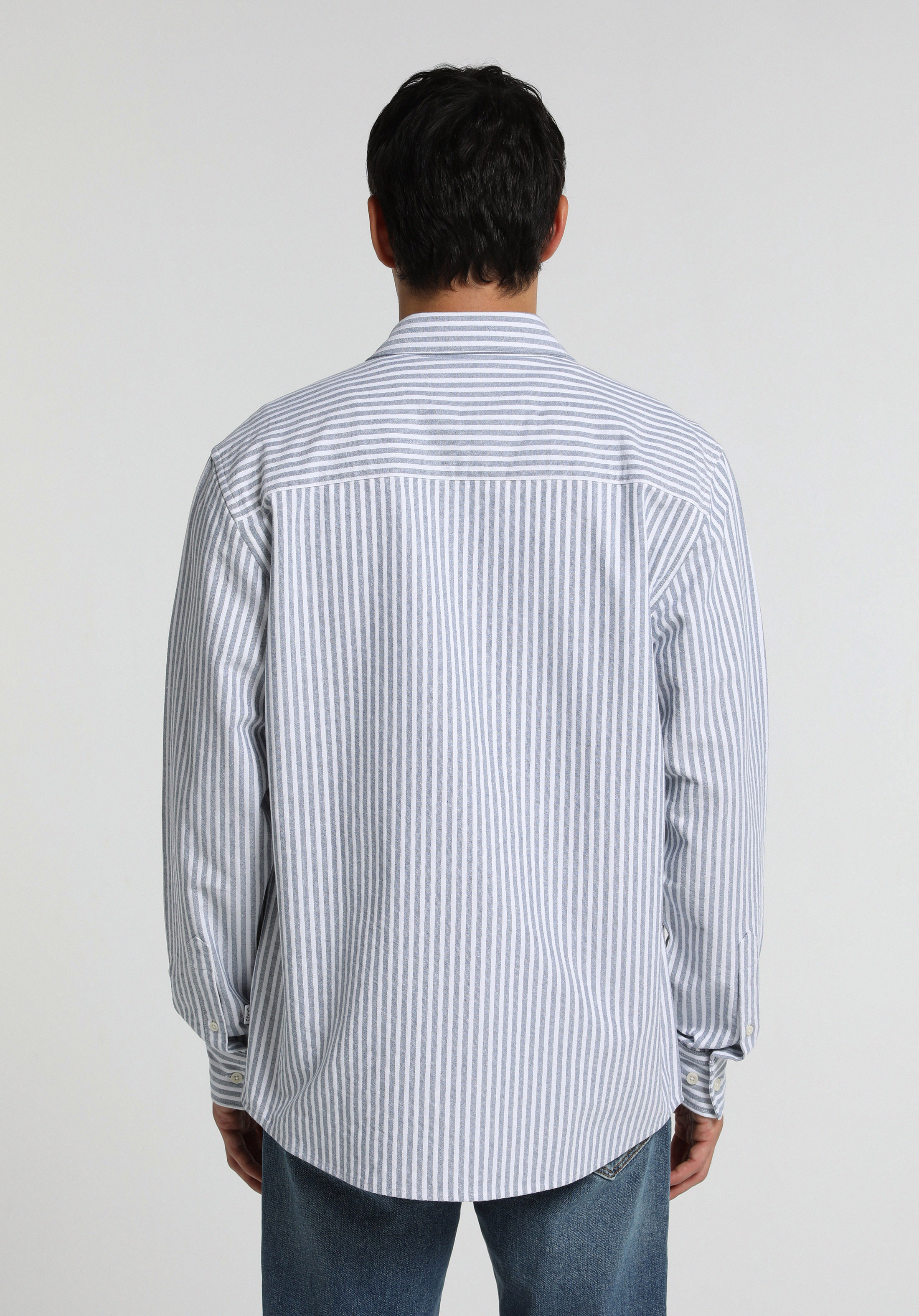 Regular Fit Shirt Neck Çizgili Erkek Mavi Uzun Kol Gömlek
