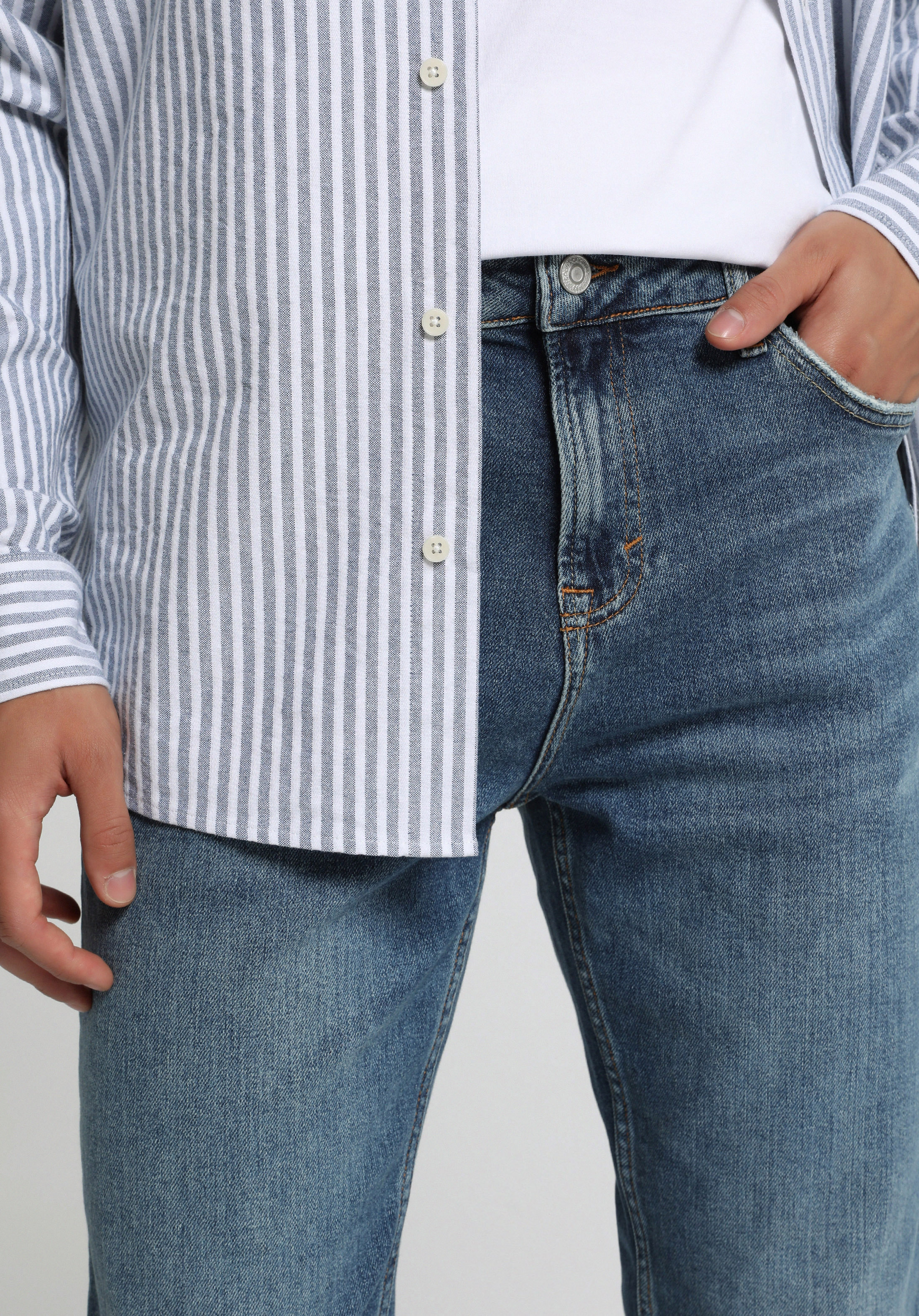 Straight Fit   Erkek Mid İndigo Denim Jean Pantolon