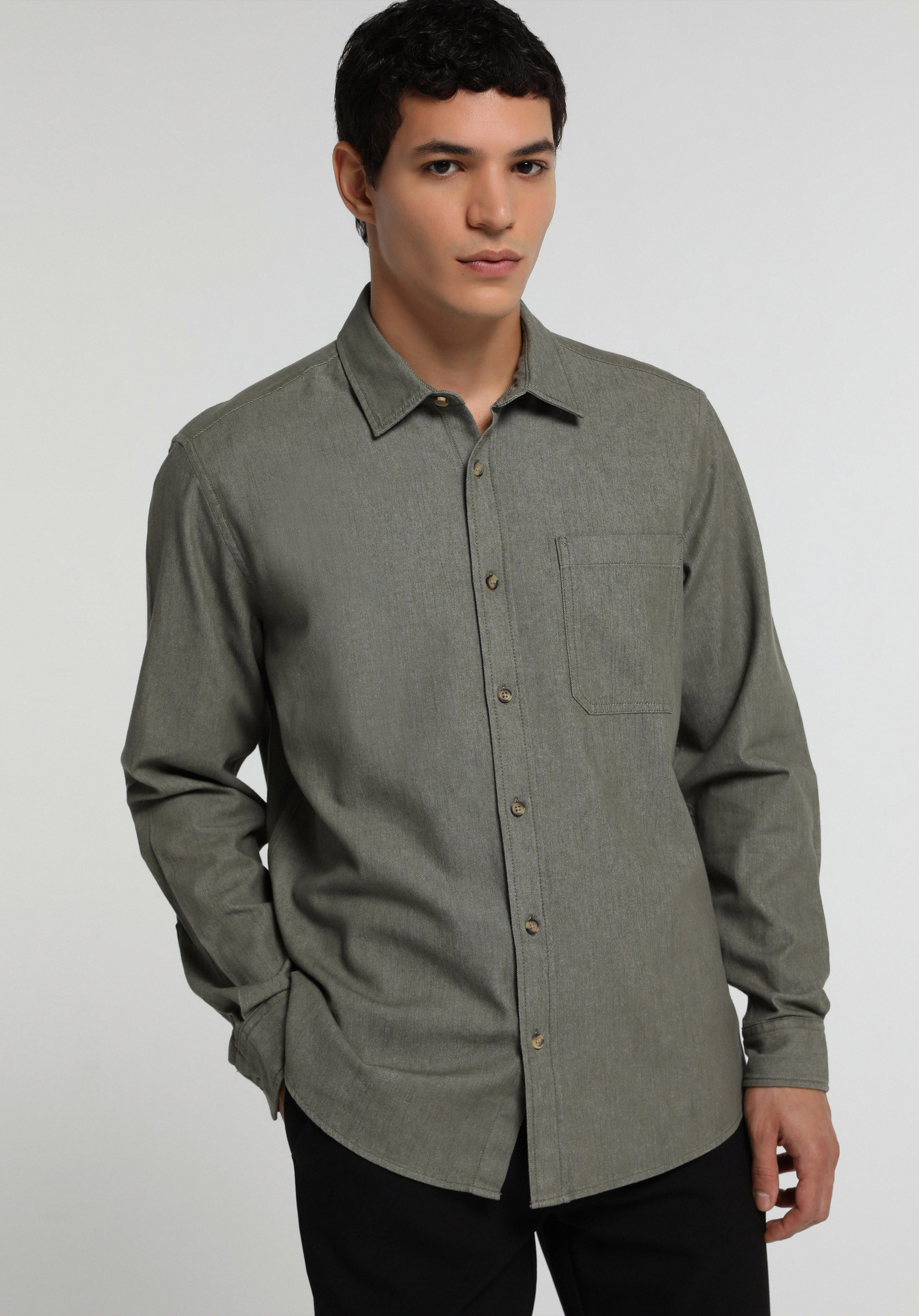 Regular Fit Shirt Neck Düz Erkek Yeşil Uzun Kol Gömlek
