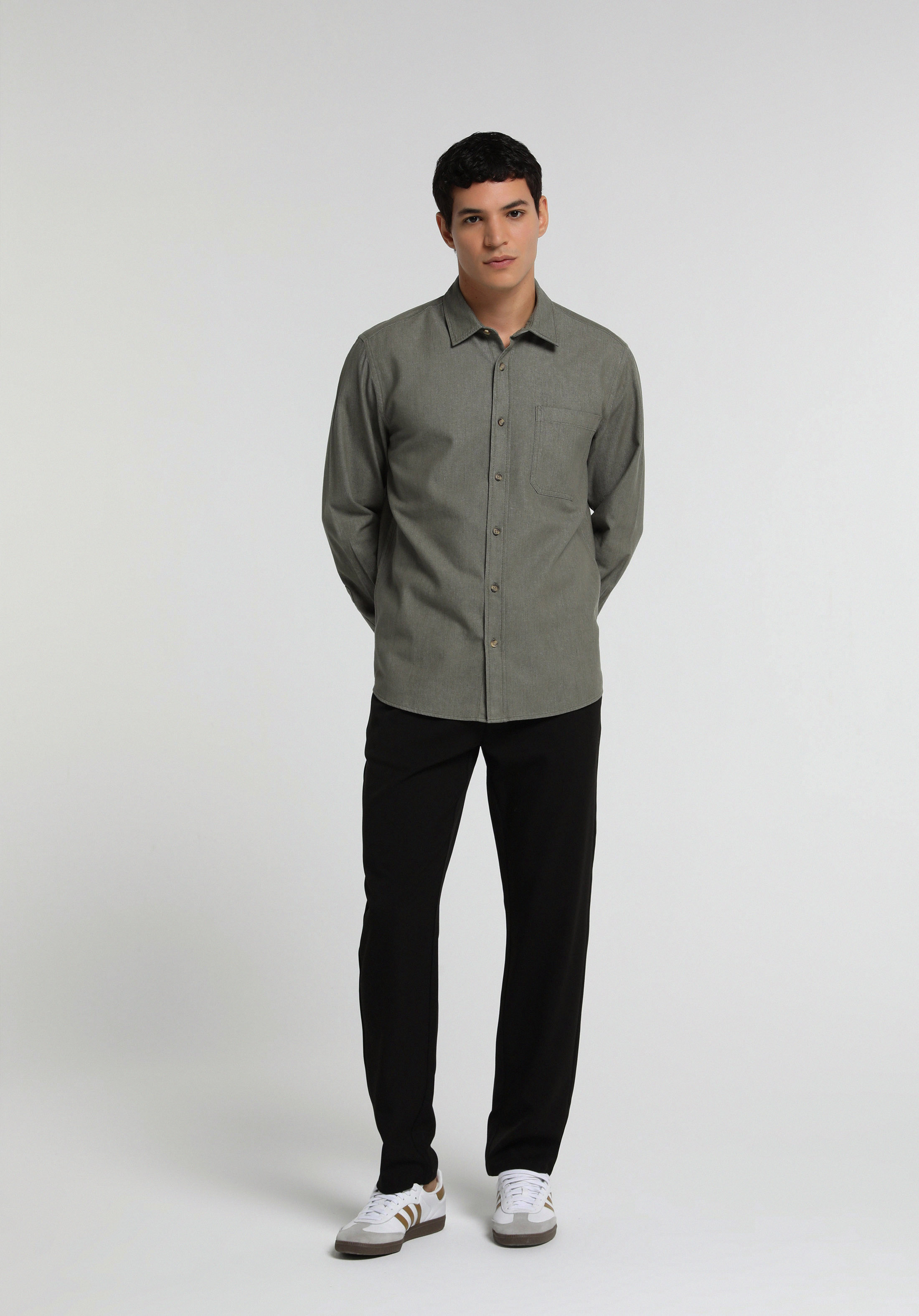 Regular Fit Shirt Neck Düz Erkek Yeşil Uzun Kol Gömlek