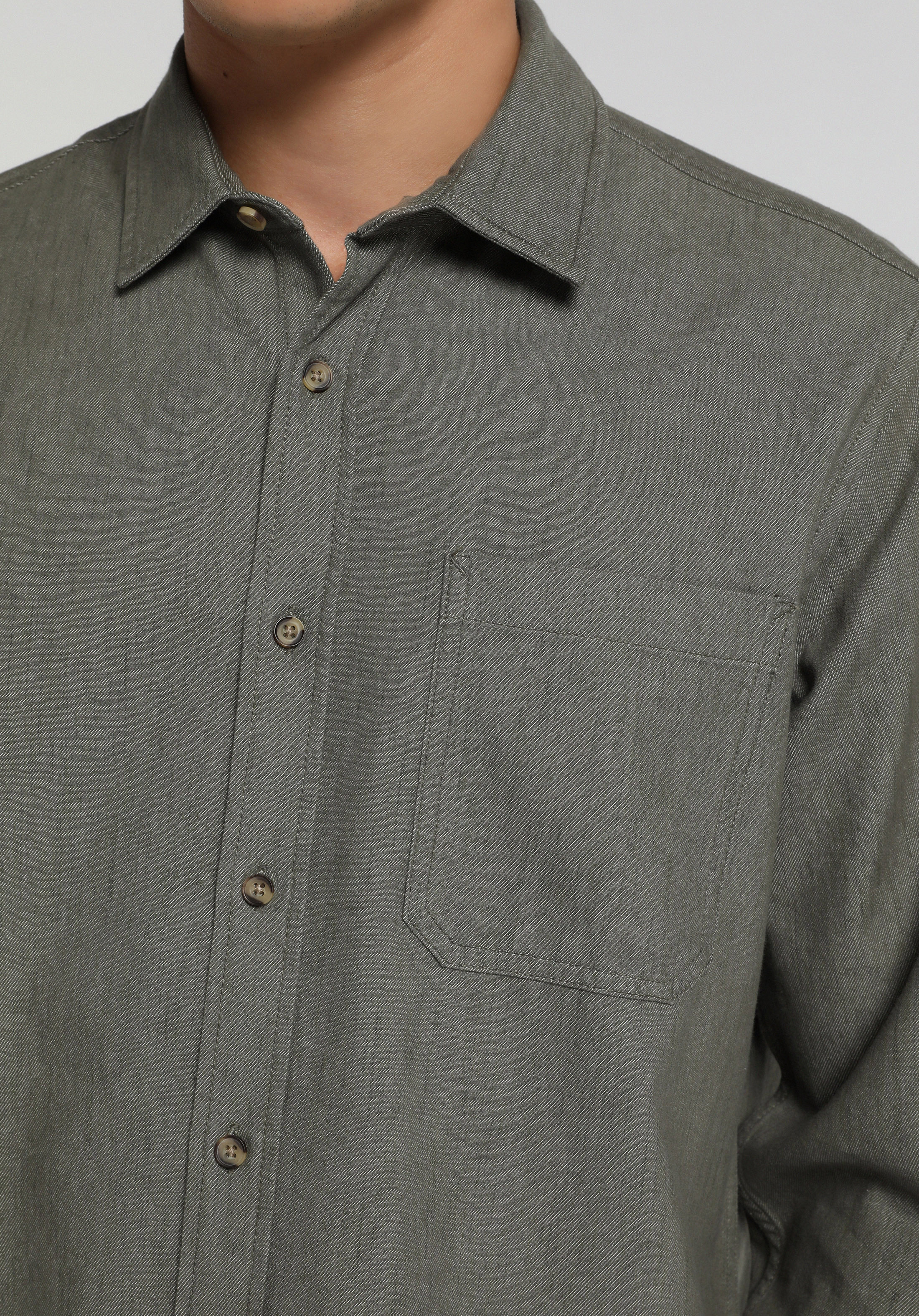 Regular Fit Shirt Neck Düz Erkek Yeşil Uzun Kol Gömlek