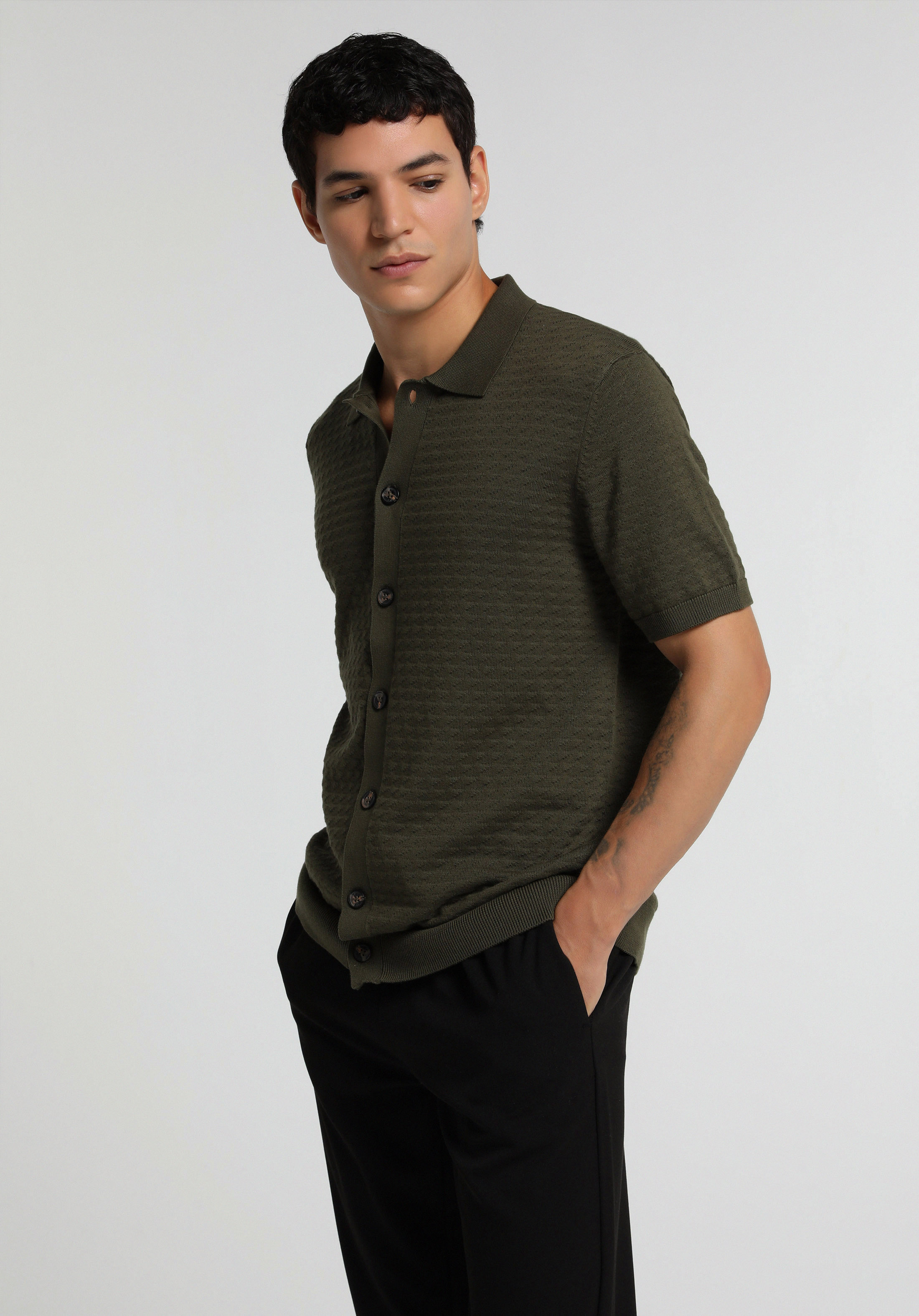 Regular Fit Polo Yaka Jakarlı Erkek Yeşil Kısa Kol Kazak