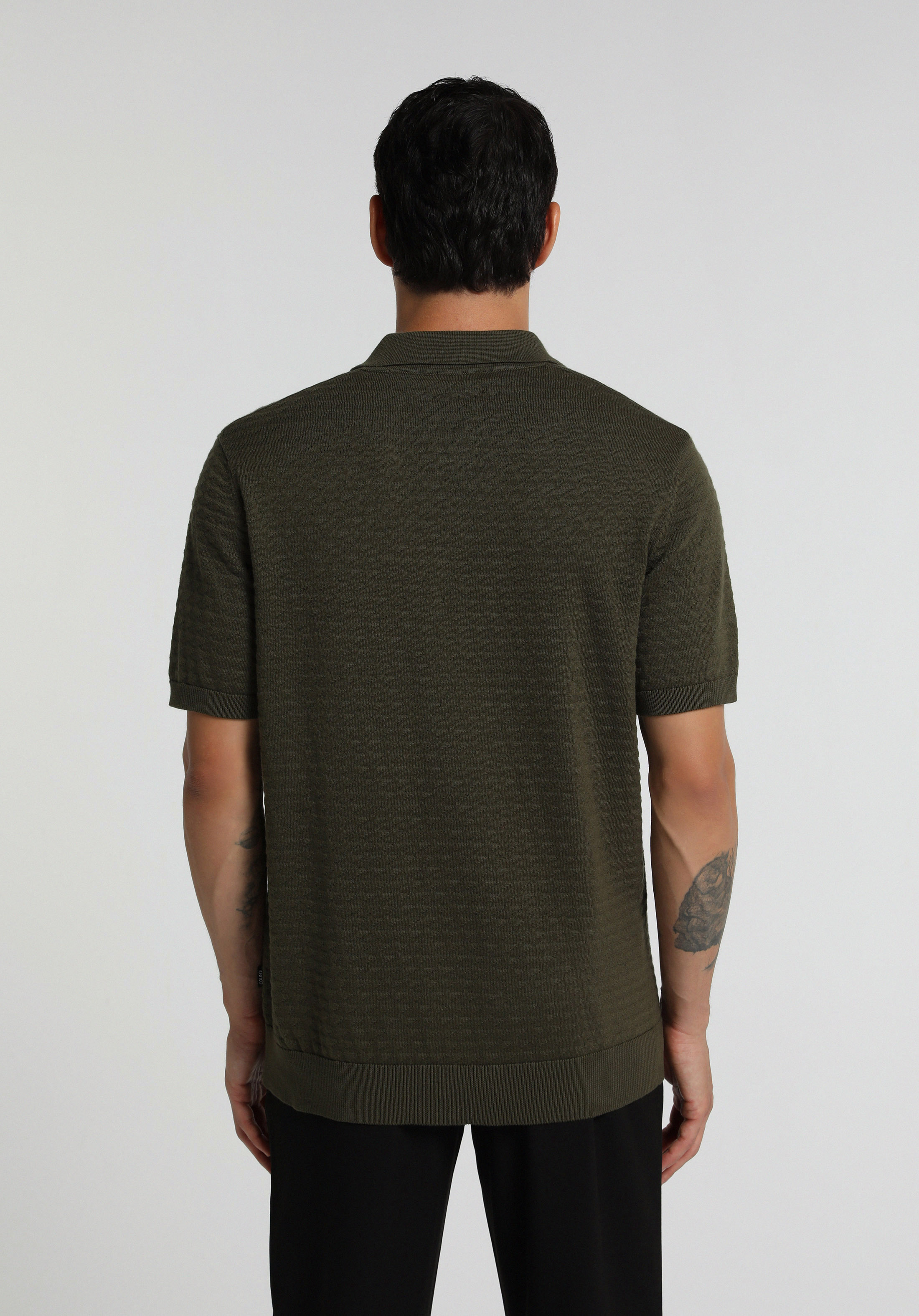 Regular Fit Polo Yaka Jakarlı Erkek Yeşil Kısa Kol Kazak