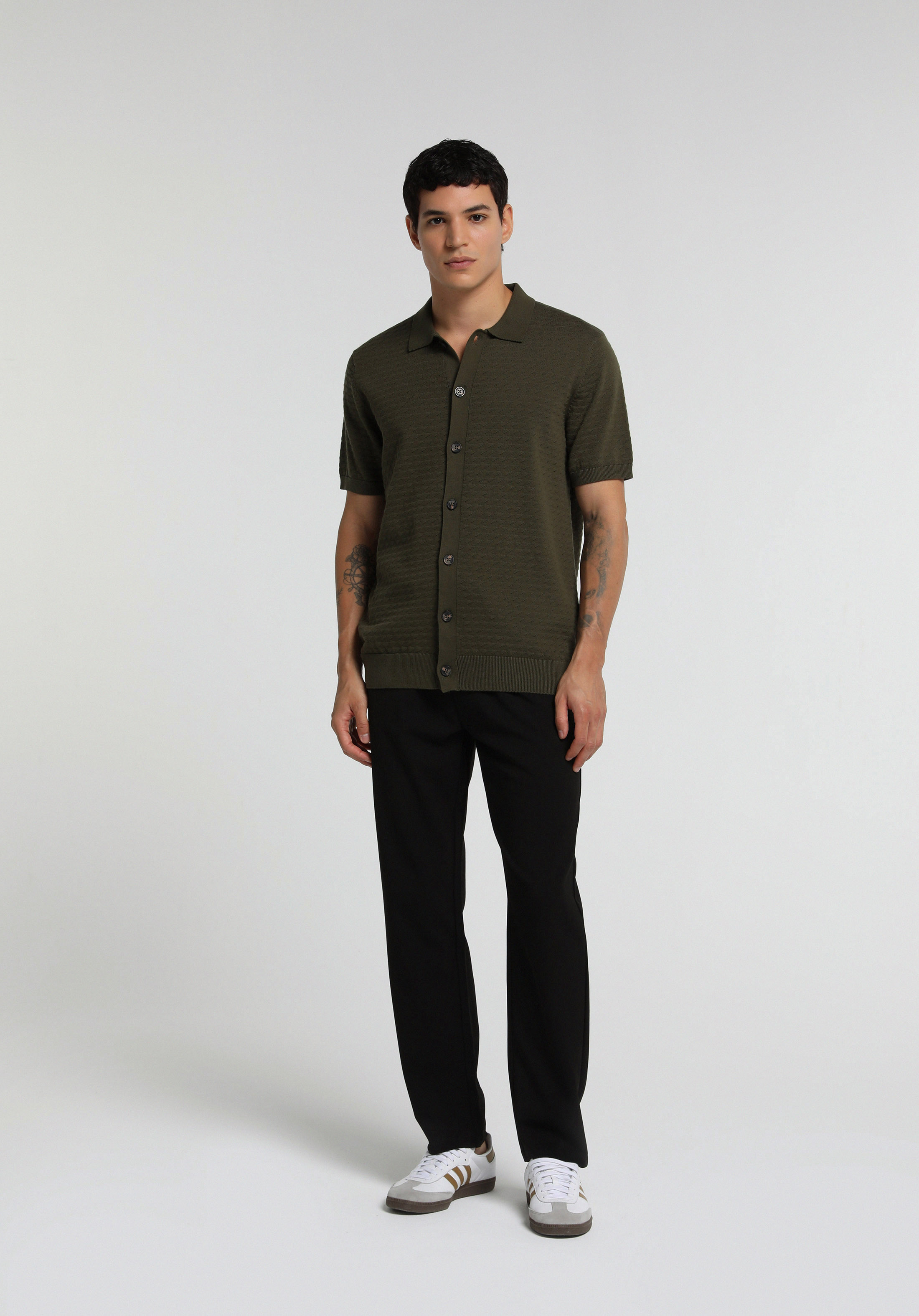 Regular Fit Polo Yaka Jakarlı Erkek Yeşil Kısa Kol Kazak