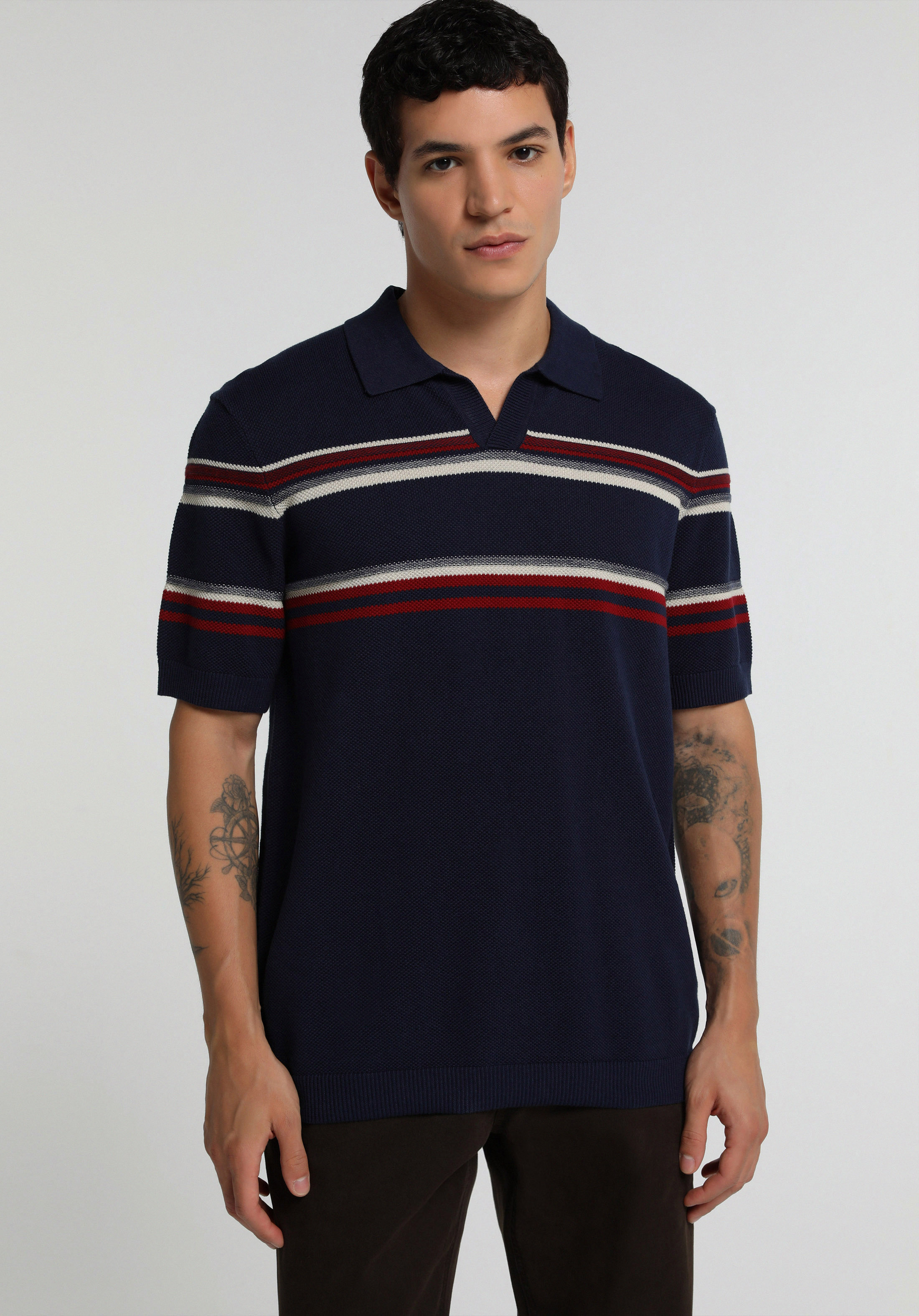 Regular Fit Polo Yaka Jakarlı Erkek Lacivert Kısa Kol Kazak