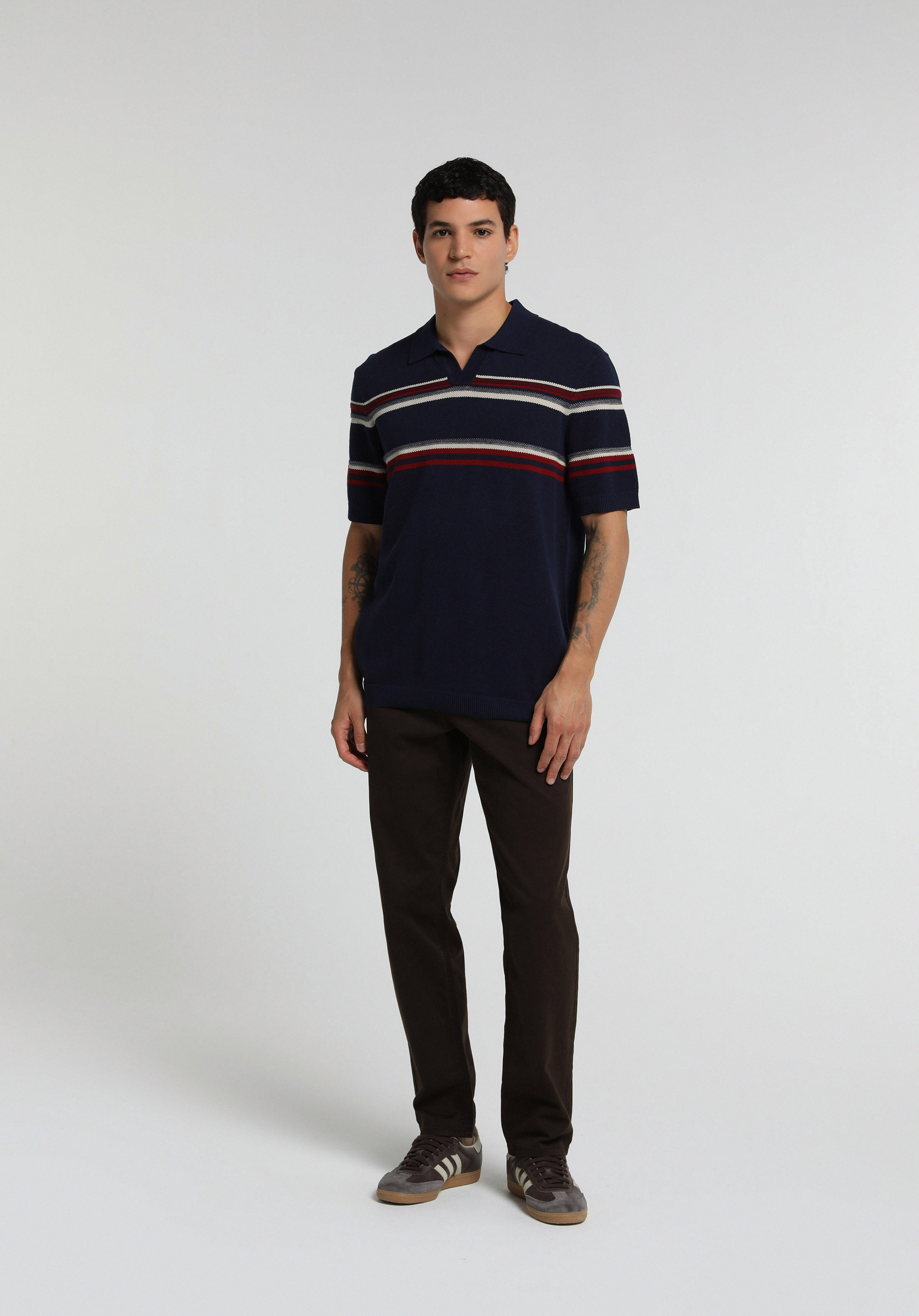 Regular Fit Polo Yaka Jakarlı Erkek Lacivert Kısa Kol Kazak