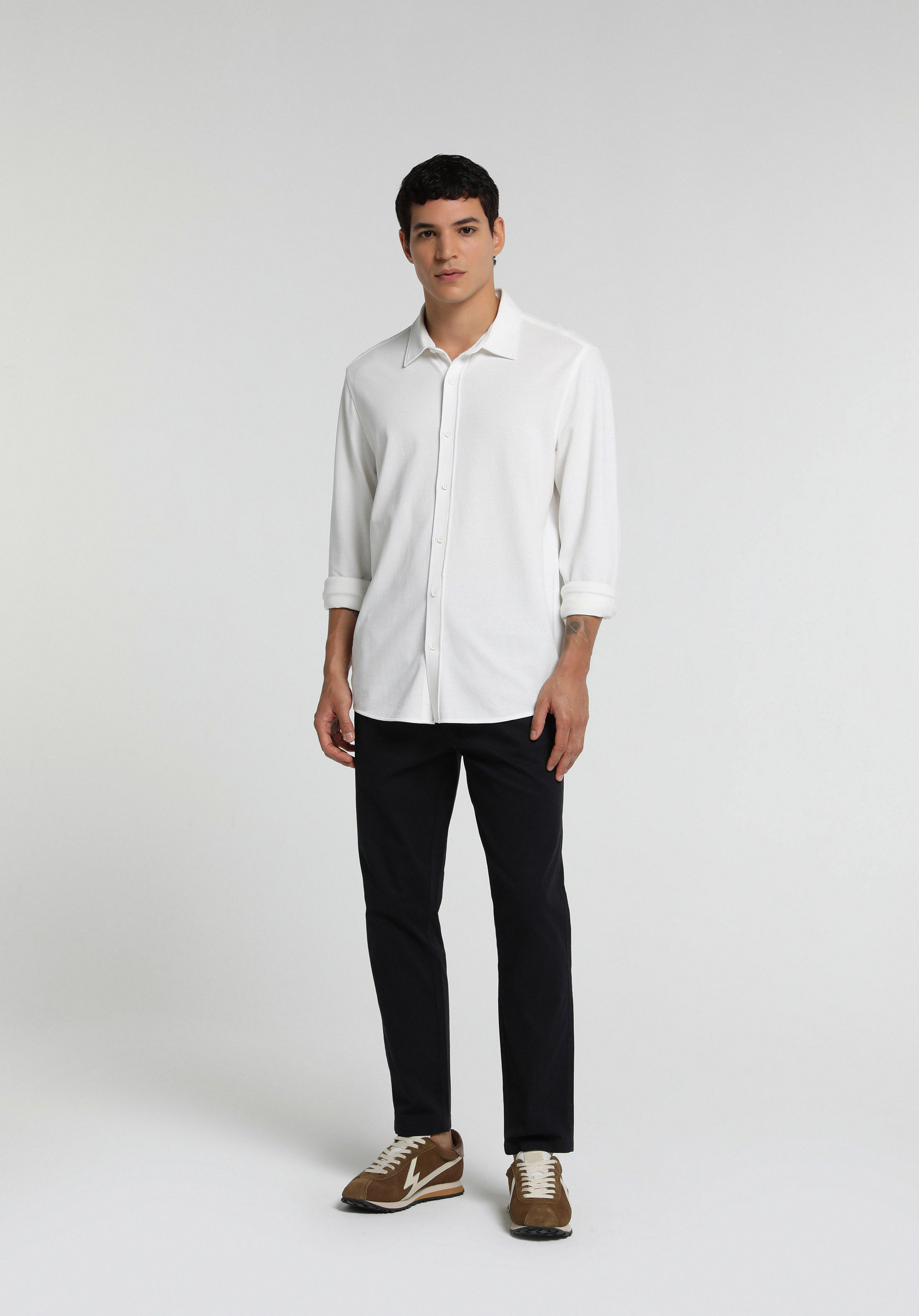 Regular Fit Shirt Neck Düz Erkek Beyaz Uzun Kol Gömlek