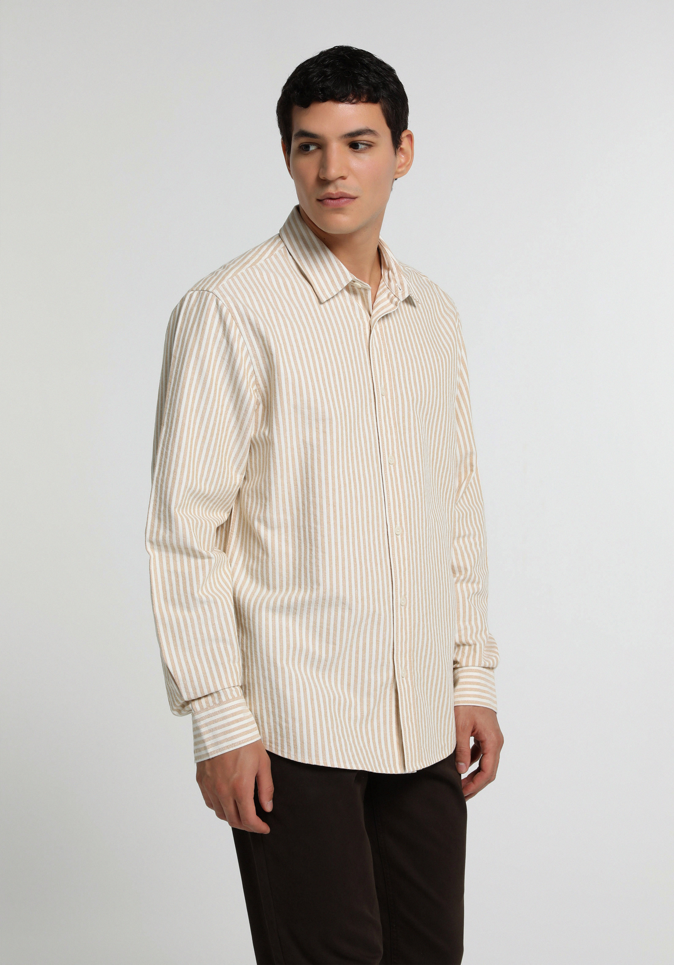 Regular Fit Shirt Neck Çizgili Erkek Bej Uzun Kol Gömlek
