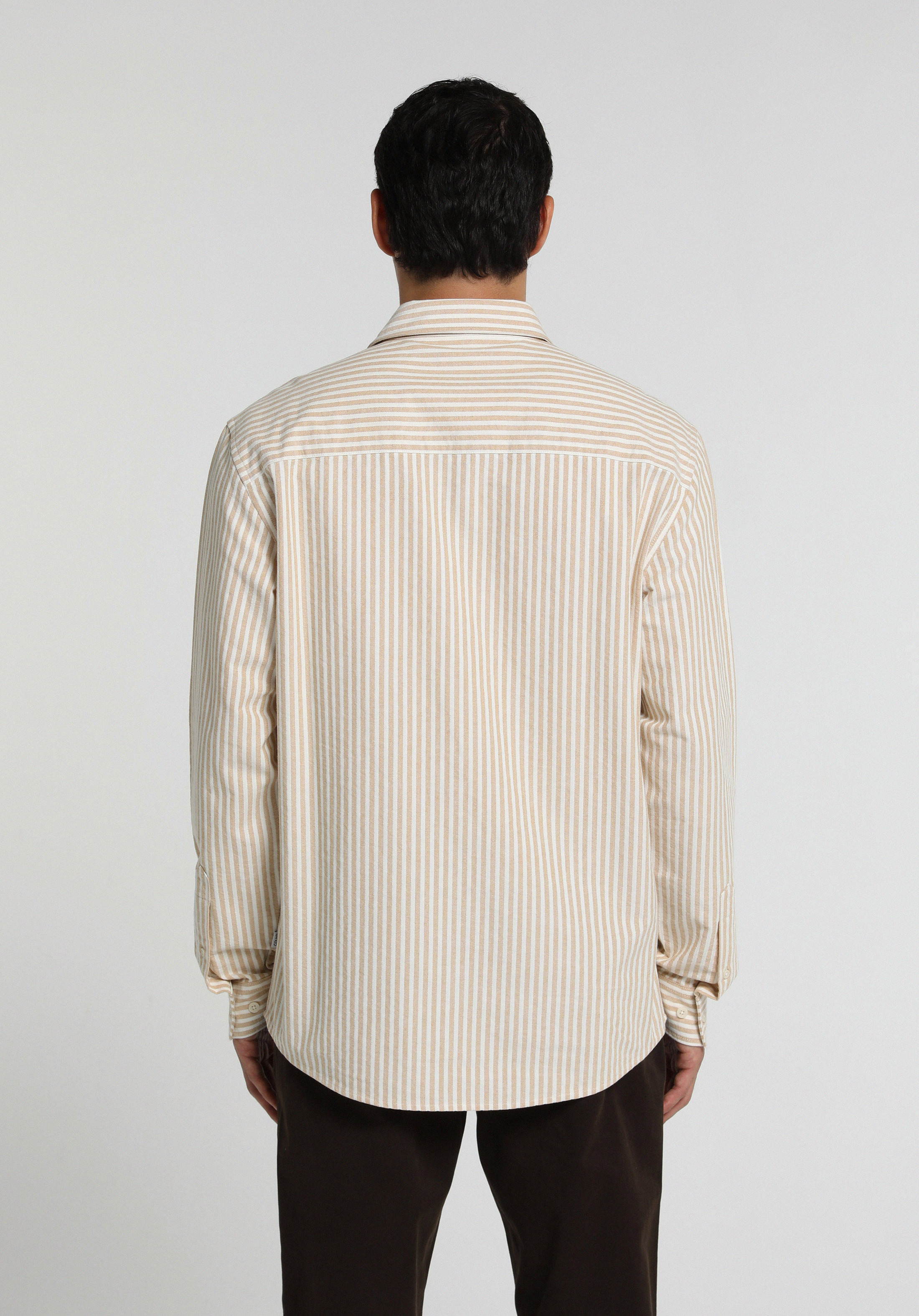 Regular Fit Shirt Neck Çizgili Erkek Bej Uzun Kol Gömlek