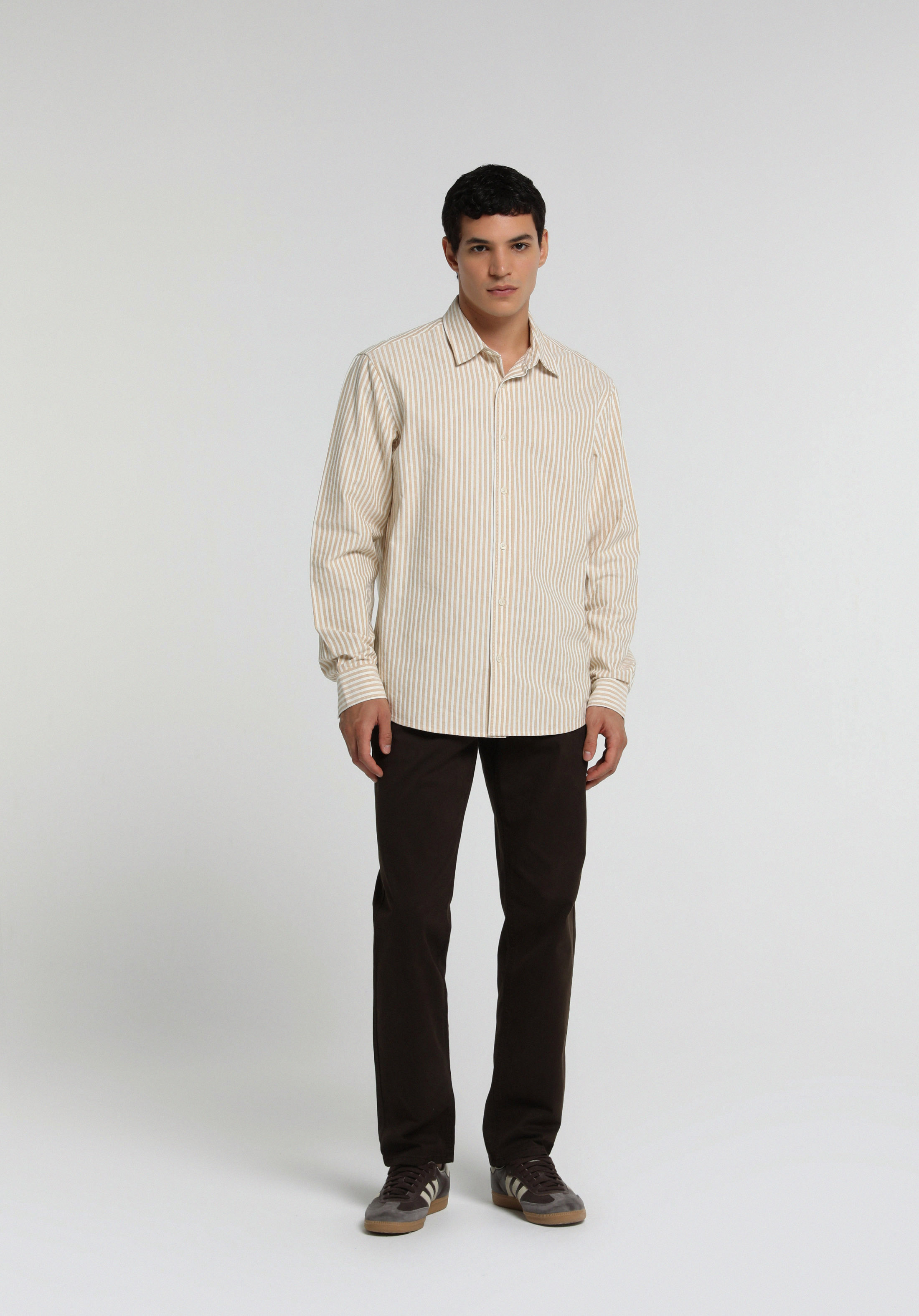 Regular Fit Shirt Neck Çizgili Erkek Bej Uzun Kol Gömlek