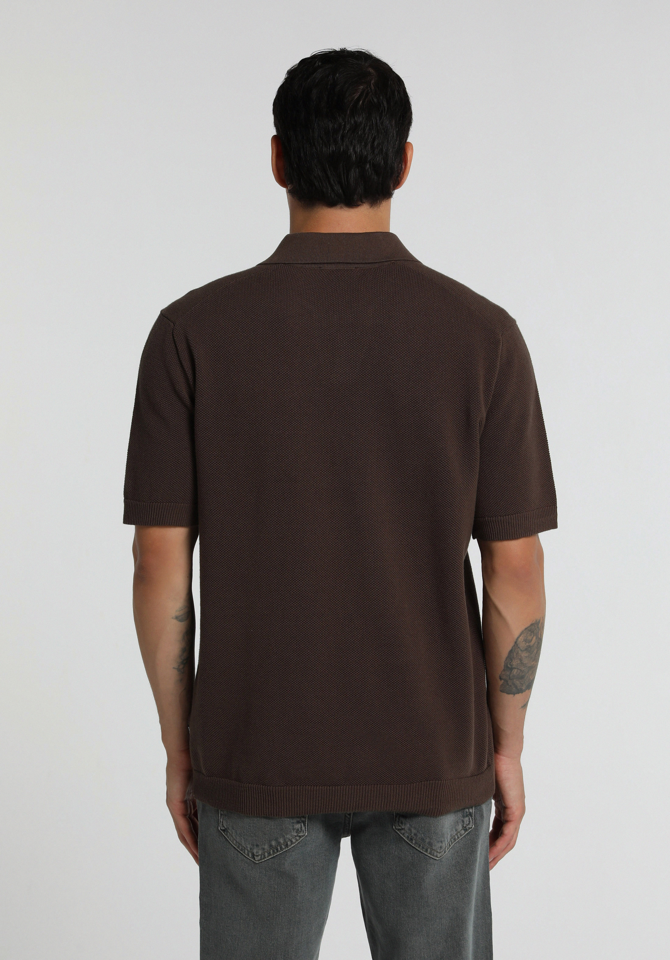 Regular Fit Polo Yaka Düz Erkek Açik Kahverengi Kısa Kol Kazak