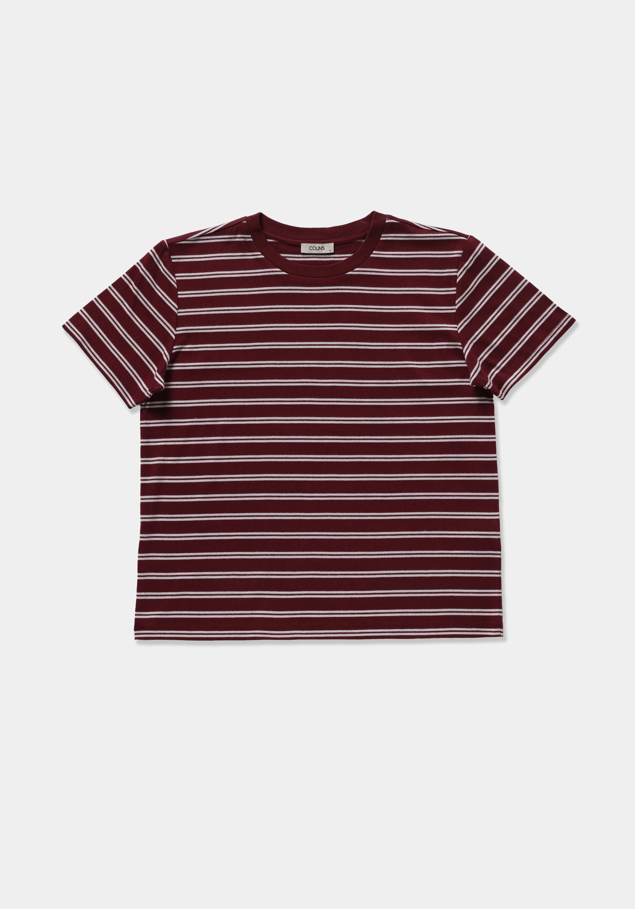Regular Fit Yuvarlak Yaka Çizgili Kadın Bordo Kısa Kol Tişört